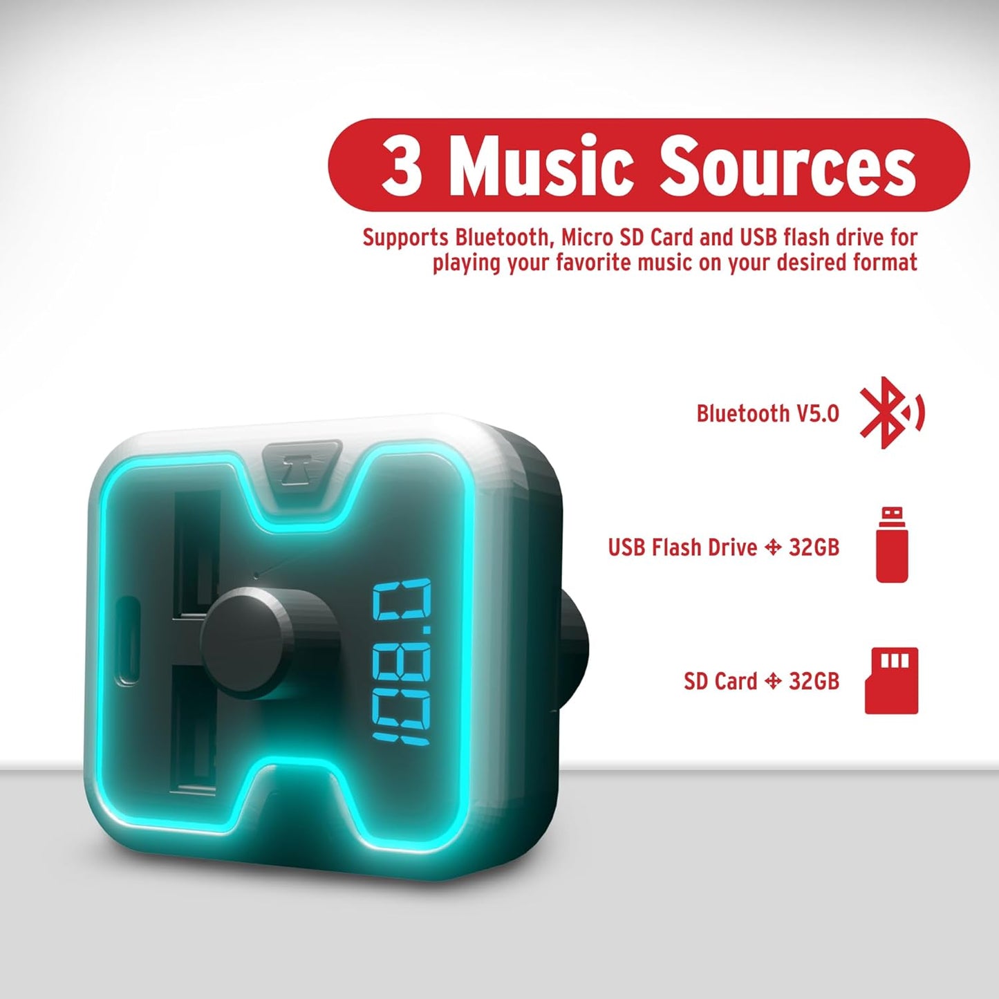 Car and Driver Bluetooth 5.0 FM Transmitter Charger, Dual USB-A and USB-C Lighter Adapter, Triple-Port Design with Fast Charging, Compatible with Mobile Alexa, Siri, and Google Assistant