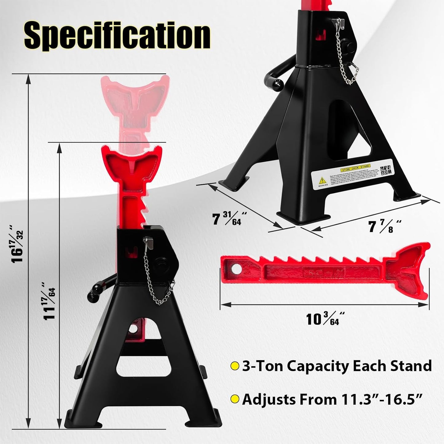 Jack Stands 3 Ton (6,600 LBs) with Double Pin Locking, Car Jack Stand 11.22"-16.54" Adjustable with Rubber Pads, Jack Stands for Trucks,Home,Garage, SUV, Pickup,Car,UTV/ATV,1 Pair