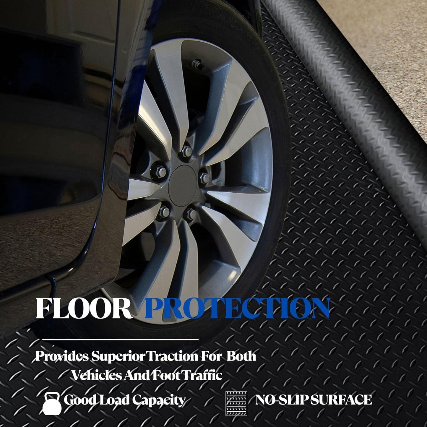 BESEA 4 x 10 FT Garage Floor Mat, Heavy Duty Diamond Plate Rubber Parking Mat – Waterproof, Oil-Resistant, Anti-Slip Flooring Roll for Under Car, Home Garage or Workshop,1/8" Thick