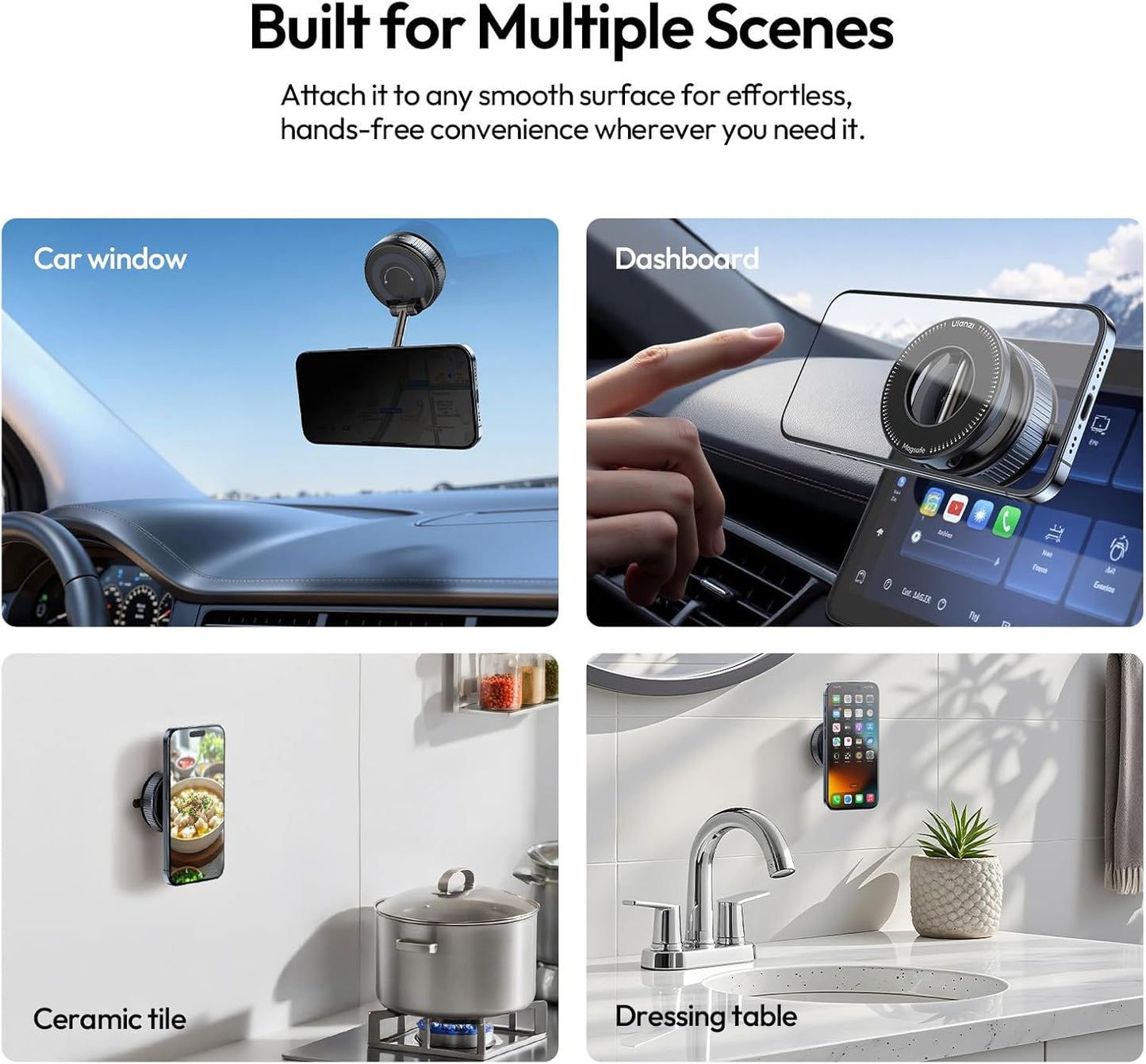 ULANZI SK-25 Car Phone Holder for Magsafe, Vacuum Suction Cup Magnetic Phone Mount, 360° Adjustable Phone MagMount for Car/Ceramic Tile/Gym/Mirror, Load up to 1kg, Magnetic Force ≥14N（Black）