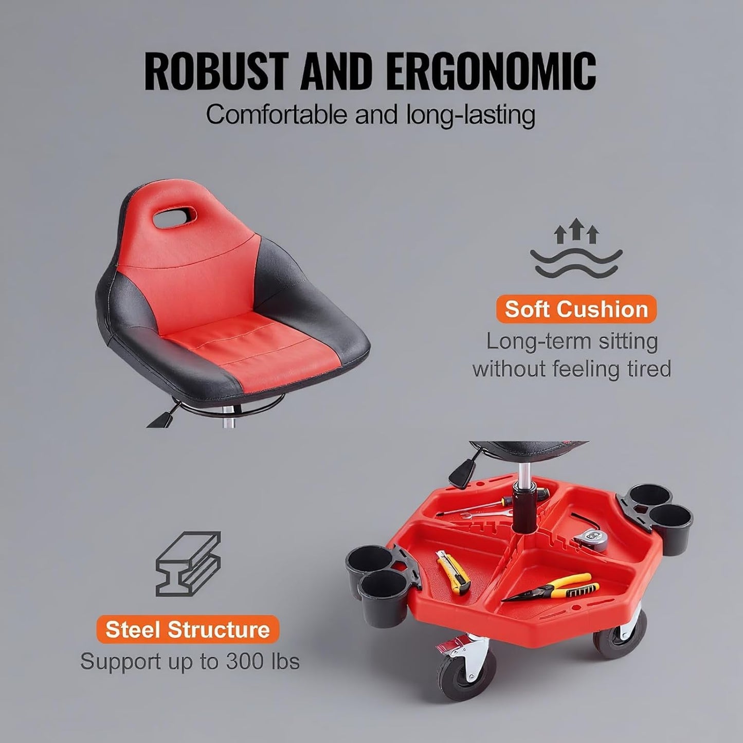 Rolling Garage Stool 300LBS Adjustable Mechanic Work Shop Seat w/Casters