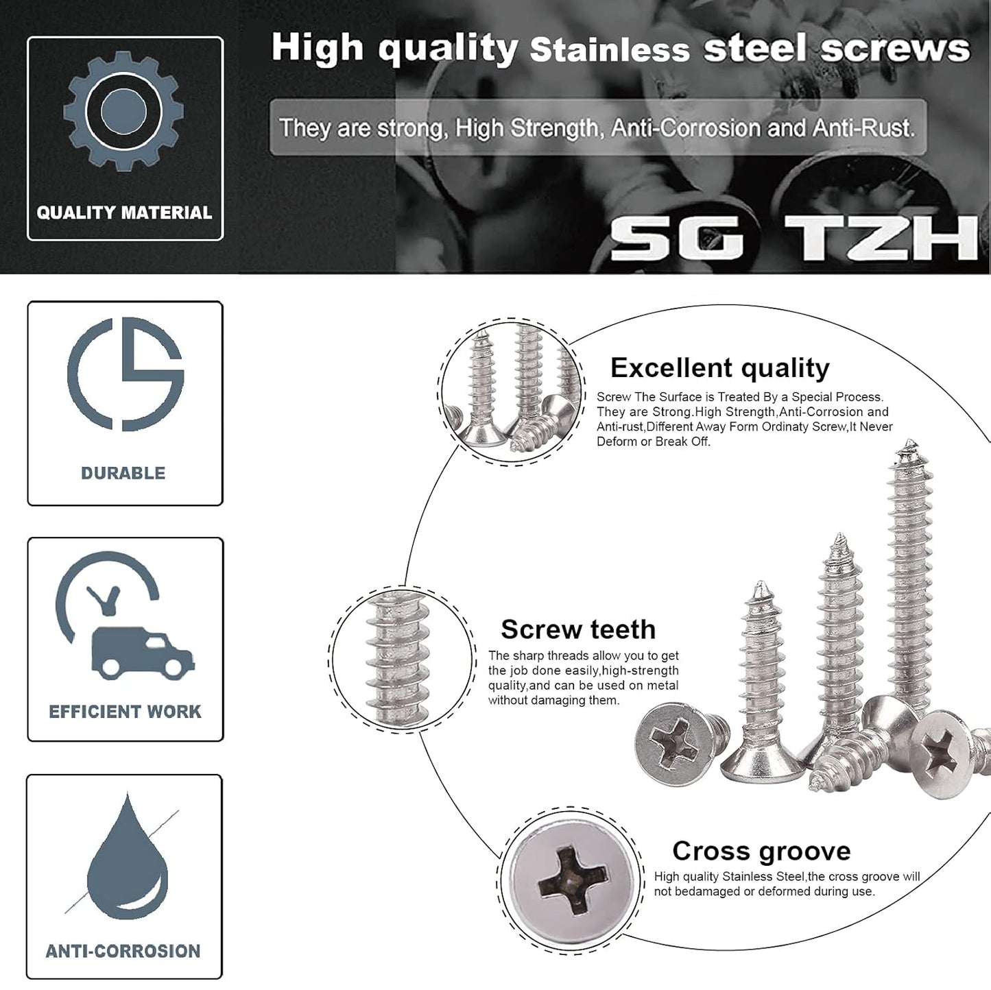 #6 x 1-1/2" Wood Screw 100Pcs 18-8 (304) Stainless Steel Screws Flat Head Phillips Fast Self Tapping Drywall Screws by SG TZH
