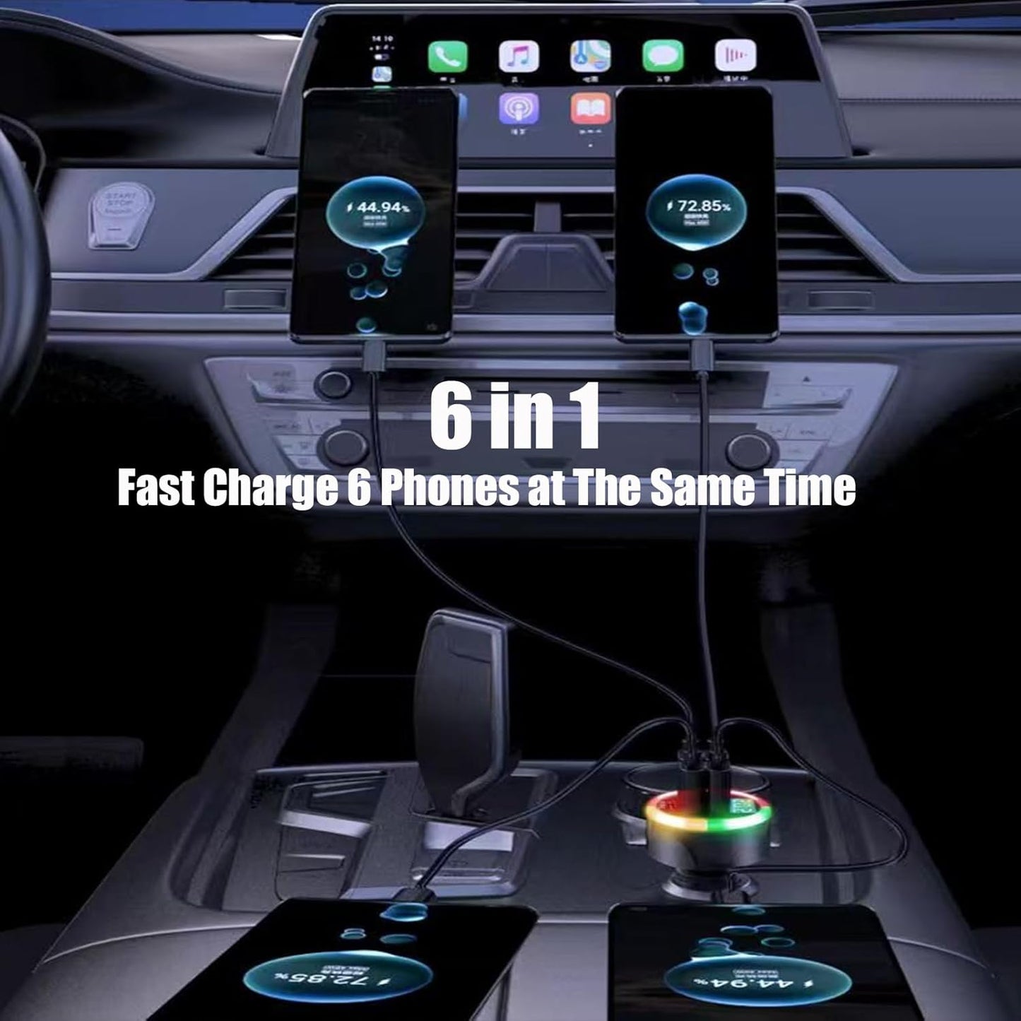 Super Fast Charge USB C Car Phone Charger Adapter 6 in 1 with Voltage Display 250W Multi Port Cigarette Lighter USB Charger with Volt Meter for iPhone 16 15 Pro Max 14 Plus 13 Samsung Android Phone