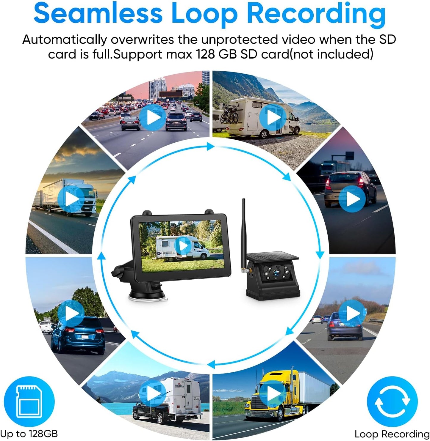 Magnetic Solar Wireless Backup Camera System with 7" IPS Touchscreen Monitor, 2K Rechargeable Auto On Off Rear View Camera with DVR Loop Recording for RV, Camper, Trailer, Trucks