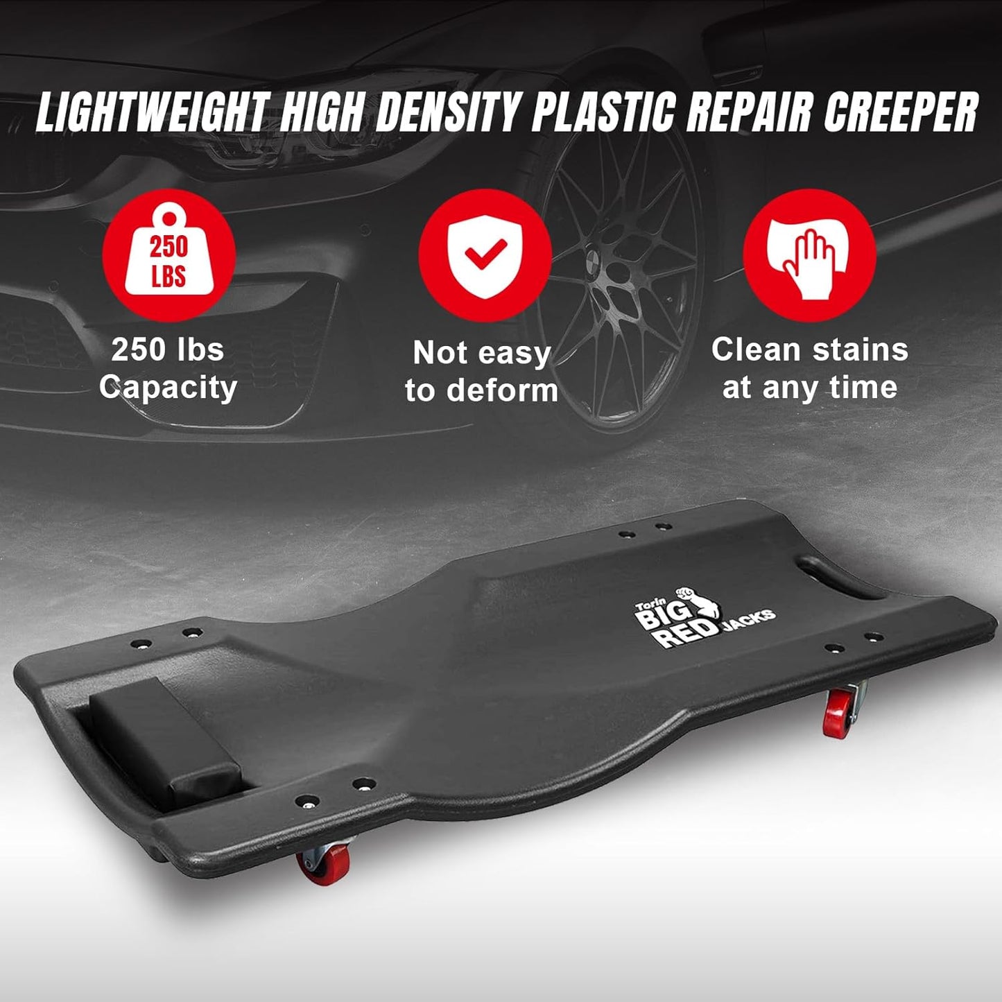 BIG RED Torin 36" Rolling Garage Creeper, Shop Creeper Blow Molded Plastic Mechanic Cart with Padded Headrest with 4 Casters, 350 LBS, Black