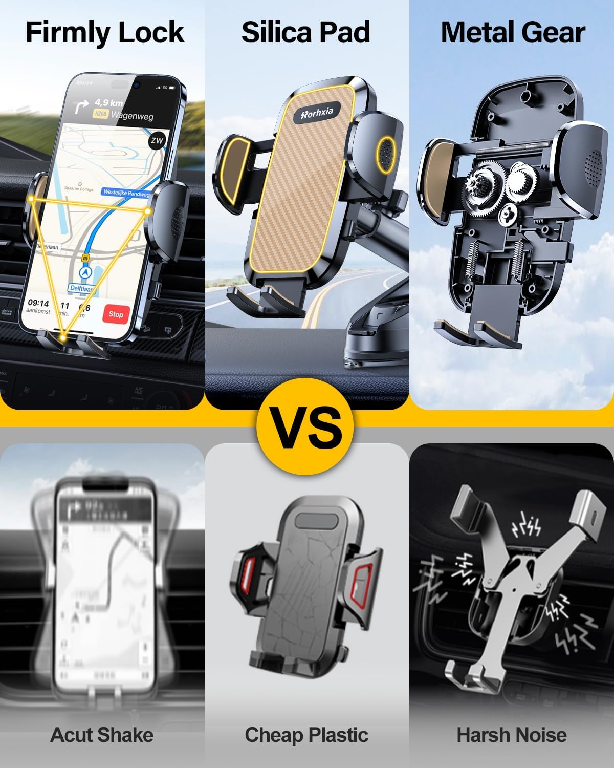 3-in-1 Phone Mount for Car [Most Stable and Flexible Suction Cup] Vent Dashboard Windshield Cell Phone Holder Car Fit for iPhone 15 14 13 12 Pro Max Samsung S23 S22 S21 All Phone, Gold