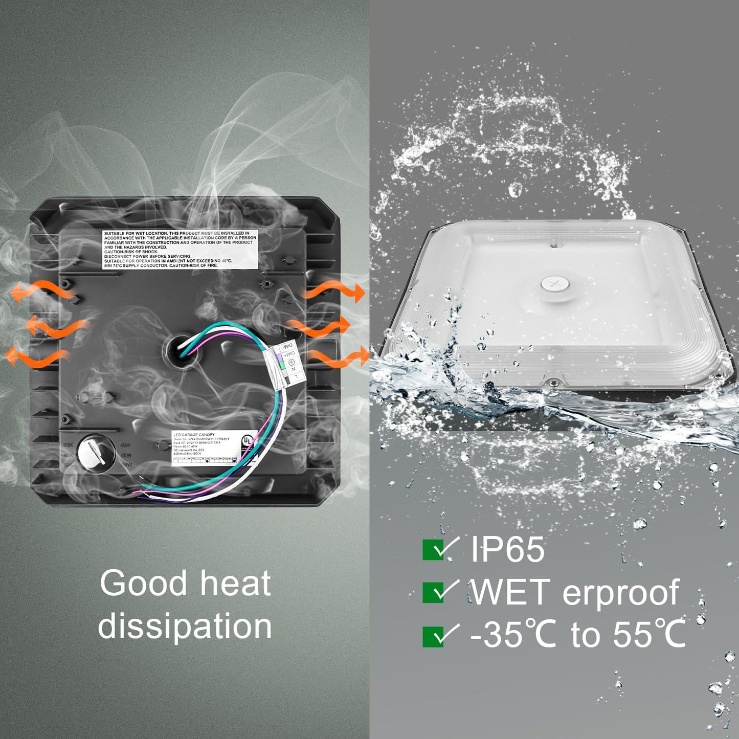 80W/60W/40W Power Selectable LED Canopy Garage Light with 3CCT (3500K/4000K/5000K), LED Parking Garage Lights 90-277V IP65 Commercial Residential Lights DLC (40W/ 60W/80W Power Selectable -2 PACK)