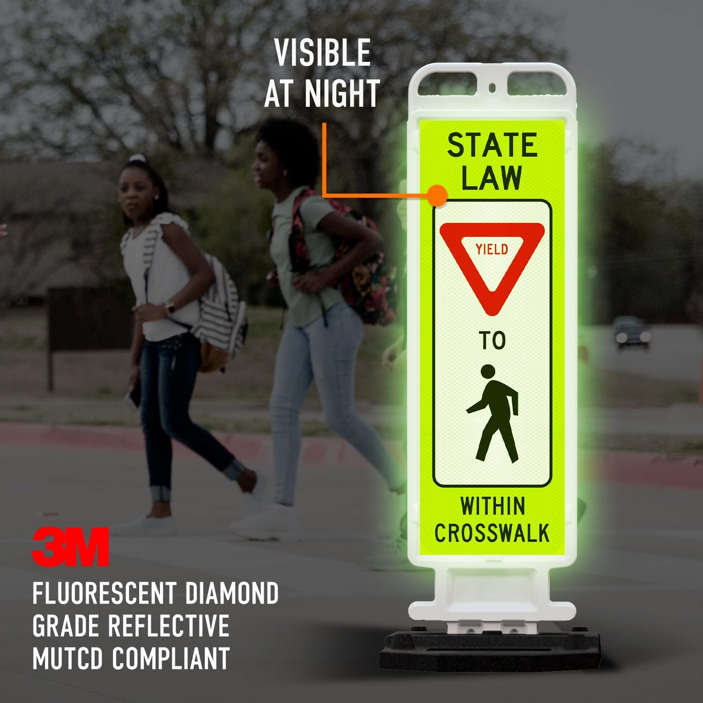 State Law Yield For Pedestrian Within Crosswalk R1-6a MUTCD Sign, Double Sided 3M Engineer Grade Reflective, Portable Rubber Base, Impact Resistant Plastic Frame