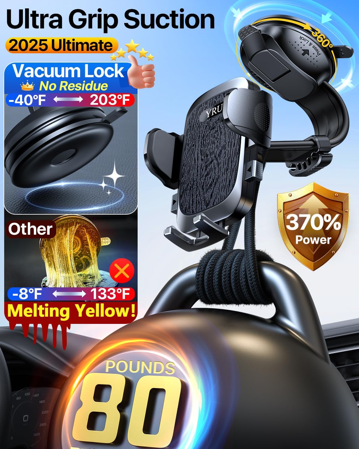 YRU [2025 Ultimate Car Phone Holder Mount [Bendable & Adjustable Aluminum Arm] Cell Phone Holder for Car Dashboard Windshield Phone Stand for iPhone 16 15 14 13 Pro Max Samsung Pickup Truck, Black