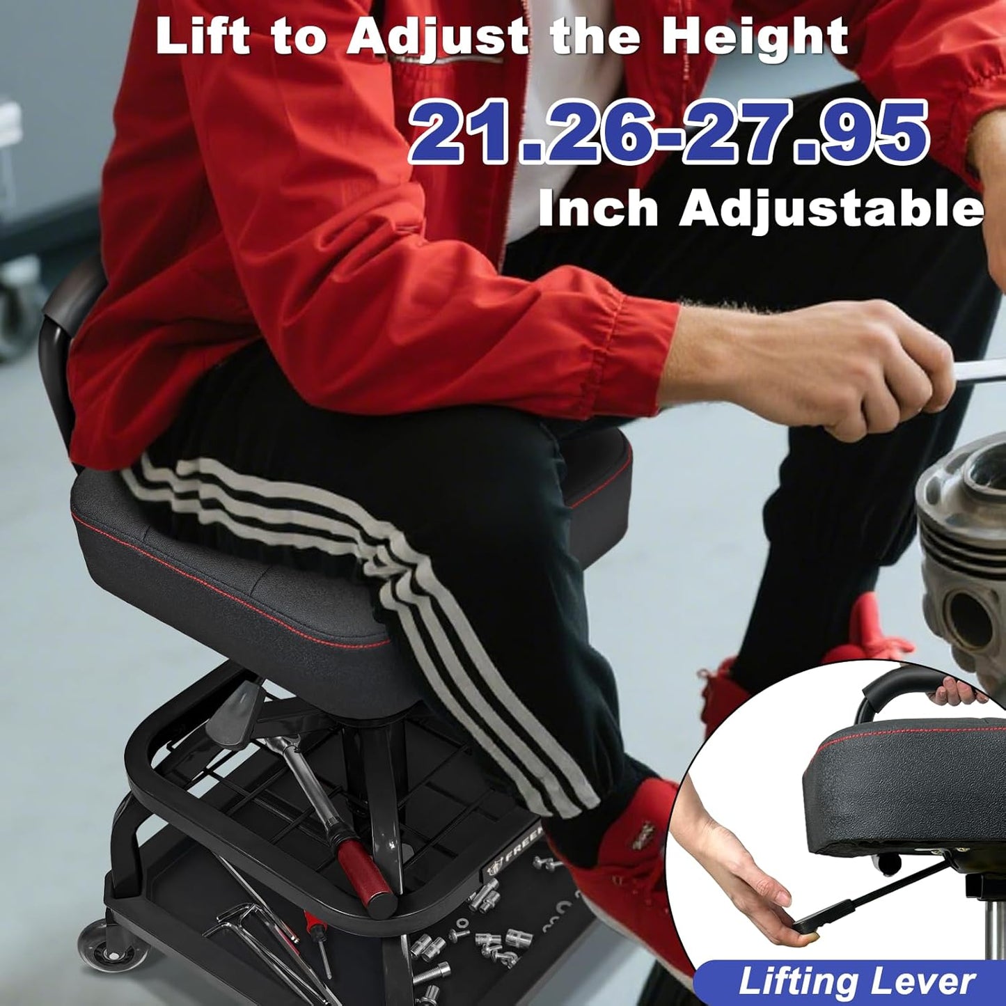 Rolling Shop Stool with Wheels, Garage Mechanic Shop Chair with Handle Backrest, Adjustable Height Work Stool, Roller Seat with Tool Tray Storage, Heavy Duty, 330 LBS Capacity, Black