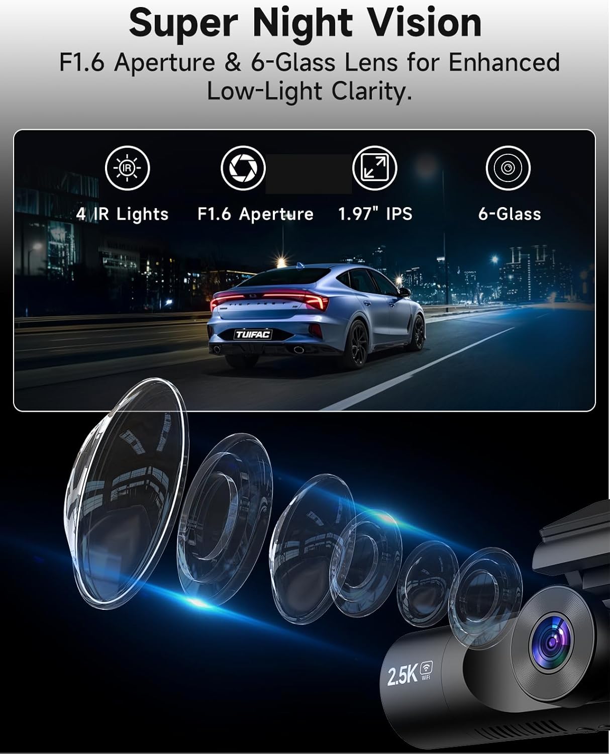 3 Channel Dash Cam, Dash Camera 2.5K Front and Dual 1080P Inside/Rear with 64GB Card, Wi-Fi Dash Cam Front and Rear, Night Vision, G-Sensor, 24H Parking, Loop Recording, 1.97”IPS, Support 256GB