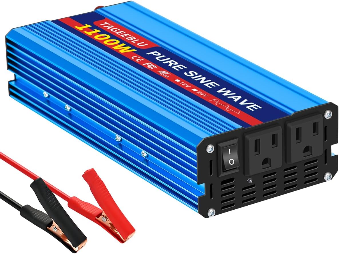 1100 Watt Pure Sine Wave Inverter, Solar Power Inverter, 12V DC to 110V AC Converter for RV, Home, Truck, Coffee Maker, Washer, TV, Fridge, Solar Power Pack with 2 AC Outlets and LCD Display