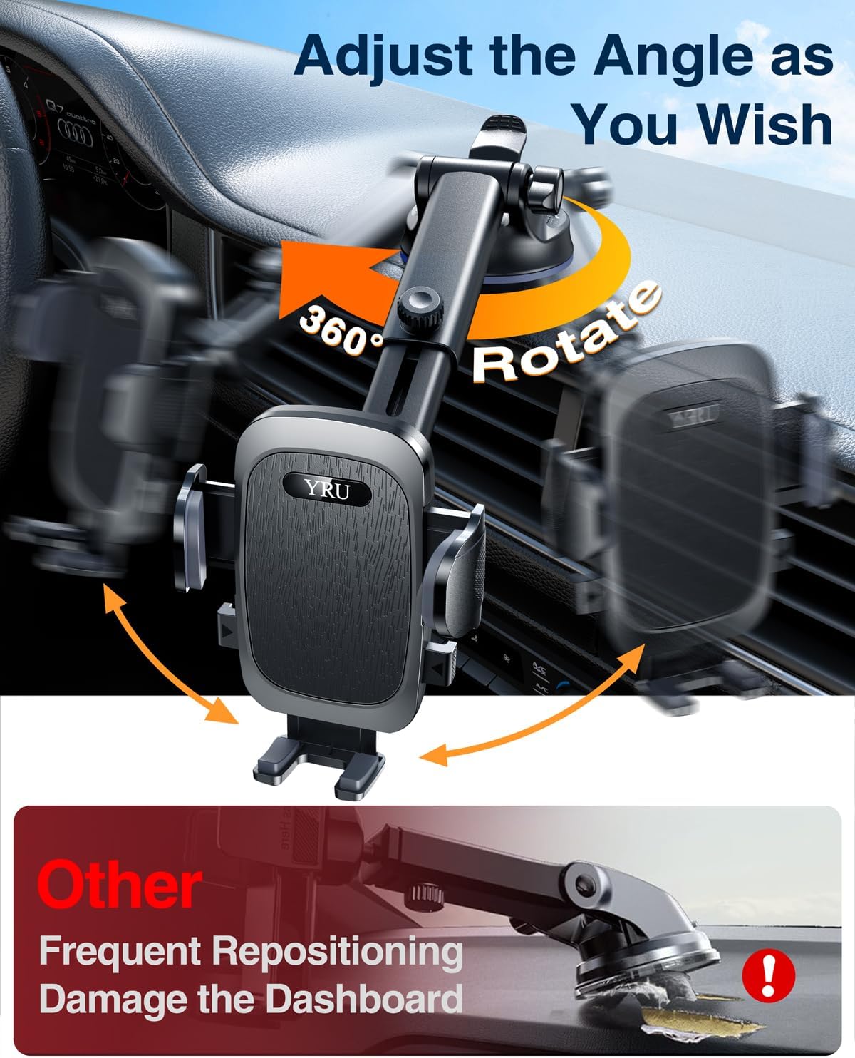[True Military-Grade & 360 Degrees Rotatable Suction] 2025 YRU Ultimate Car Phone Holder Mount 【90+LBS Safest Strongest&Patent Cert】Dashboard Windshield Vent for iPhone 16 15 Pro Max Samsung,Jet Black