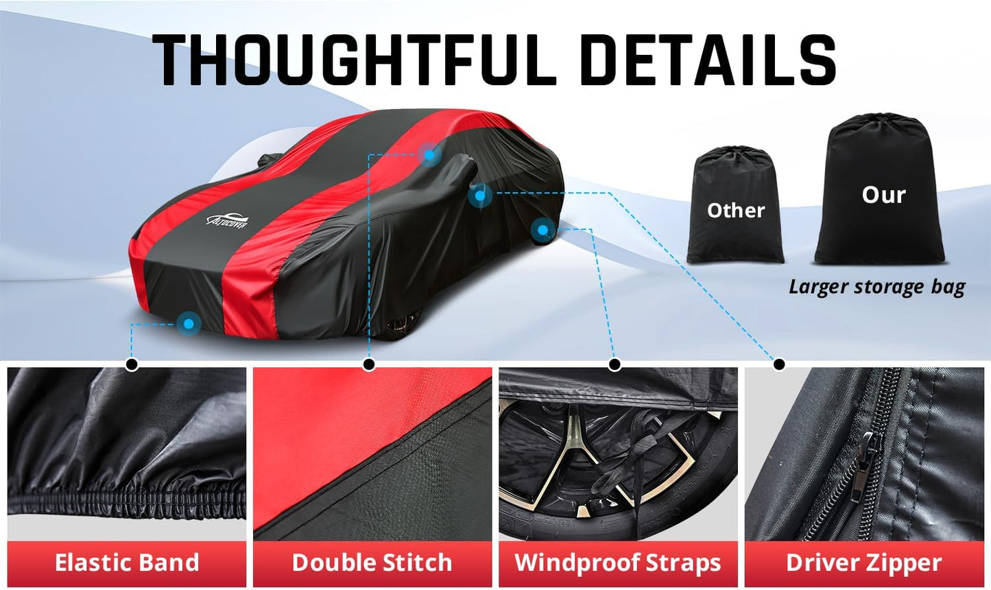 Car Cover Waterproof All Weather Protection with Red Stripe Design, Universal Fit Ford Mustang, Chevrolet Camaro, Toyota Camry, Honda Accord Civic, Nissan Altima,Tesla Model 3