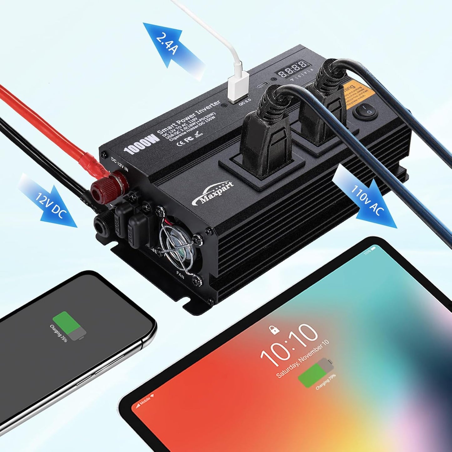 1000W Inverter for Car Power Inverters,12v DC to 110v AC Converter with 3.0 A USB Type-C Outlets, 12 Volt Inverter Car Cigarette Lighter Battery Inverter for Vehicles, Power Inversor 1000 Watts Black