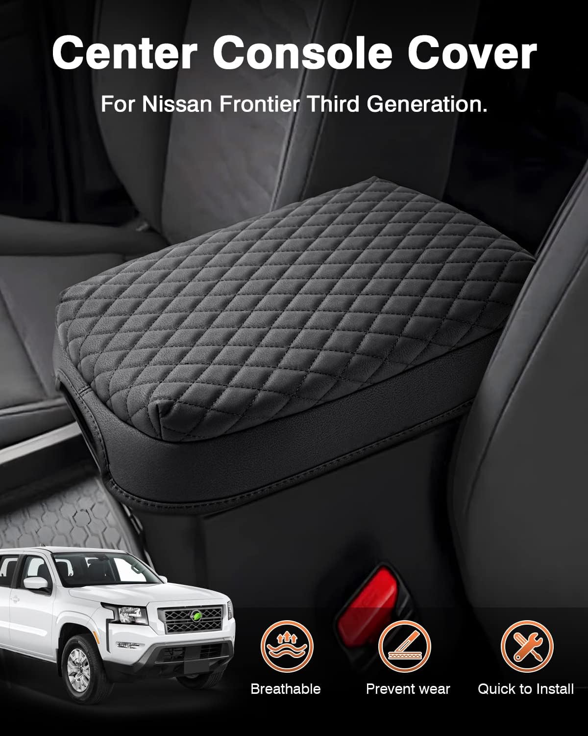 Shademax Custom for Center Console Cover Nissan Frontier 2025 2024 2023 2022 Armrest Cushion Pad Cover PU Leather Frontier Accessories 2025 2026 Car Armrest Seat Box Cover Protector Anti-Scratch Black