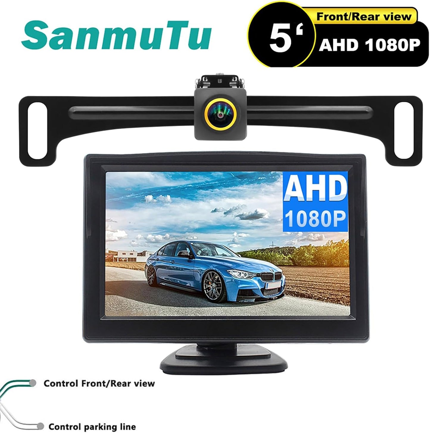 Wired Backup Camera for Truck 5 '' AHD 1080P Front Rear View Monitor KIT 2K IP67 Waterproof Night Vision Reverse Camera for CAR, License Plate Back UP Reverse Camera for 12V Cars Sedan Truck Van SUV