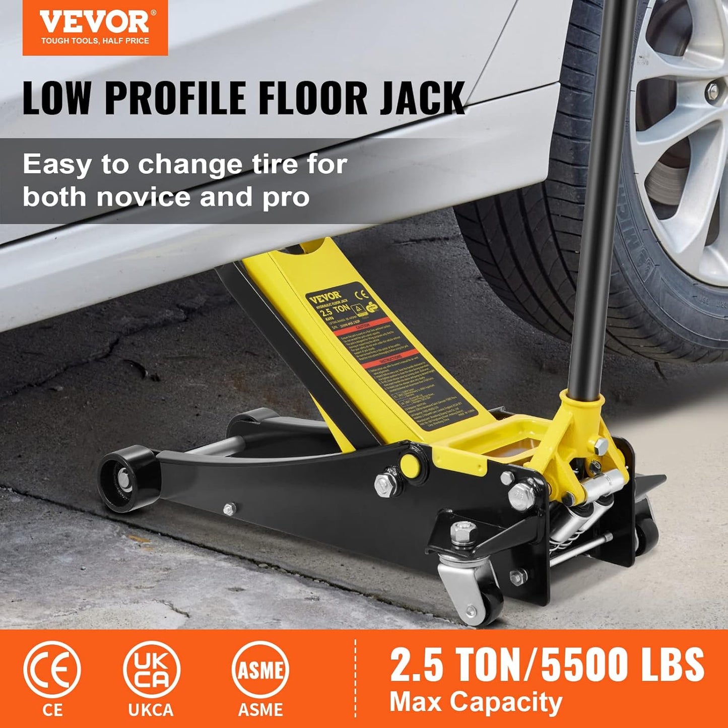 VEVOR 2.5 Ton Low Profile, Heavy-Duty Steel Racing Floor Jack with Dual Pistons Quick Lift Pump, Lifting Range 3.64"-19.49"