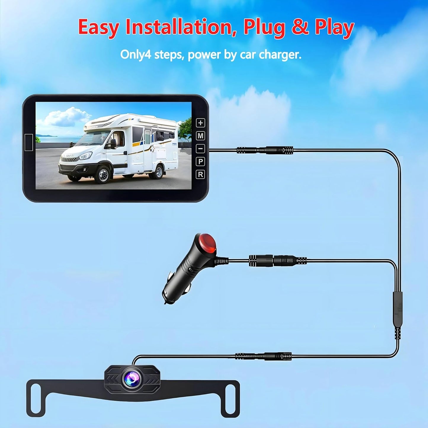 YIMU Car Backup Camera for Truck 7″ monitor AHD 2K Front Rear View Camera for car,USB Powered Plug-Play, Night Vision No-Delay DIY Grid Lines Touch Screen AHD702