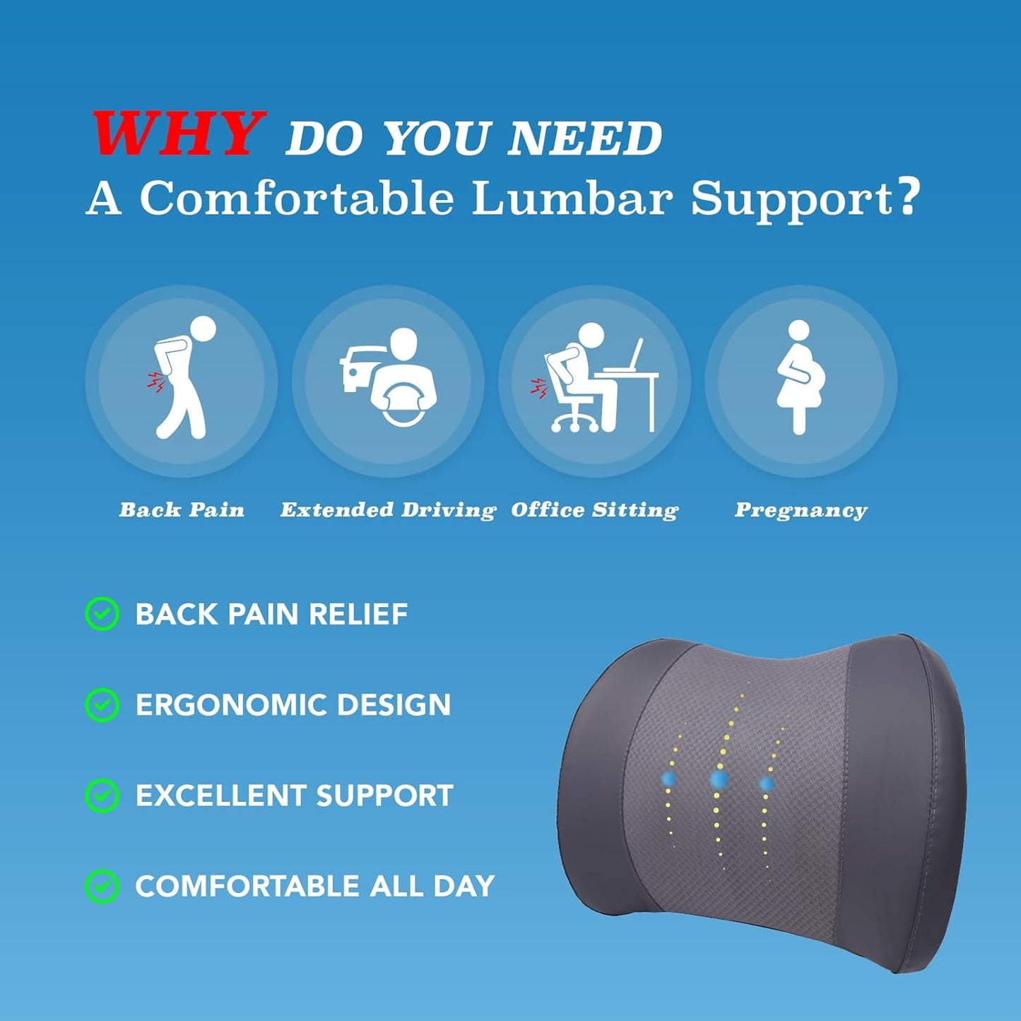 Lumbar Support Pillow for Car, Memory Foam Lumbar Pillow for Lower Back Pain Relief - Back Cushion for Driving, Chair Support for Car-Office Chair, Wheelchair - Dark Grey