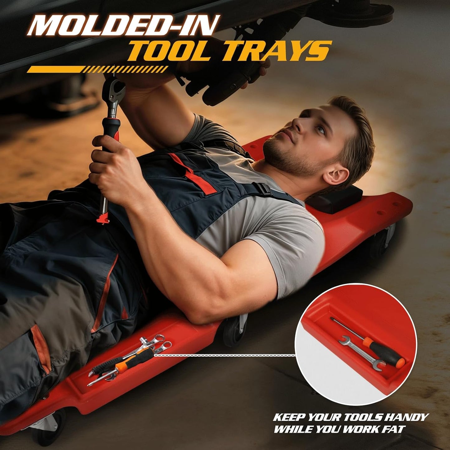 Magshion Automotive Creeper Under Car Roller, 40 Inch Low Profile Creepers with Padded Headrest and Tool Tray, 330 lbs Capacity Portable Floor Creeper for Home Garage Automotive Shop (Red)