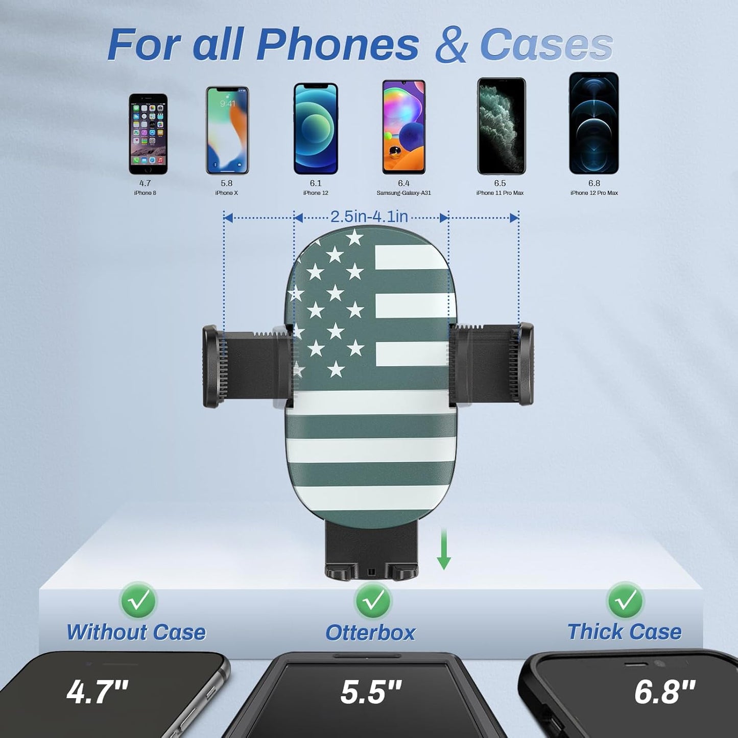 OQTIQ Phone Mount for Car [Gooseneck 13" Long Arm] Car Phone Holder for Dashboard, Windshield, Strong Suction Cup Cell Phone Holder for Car Truck (Patriotic Flag)