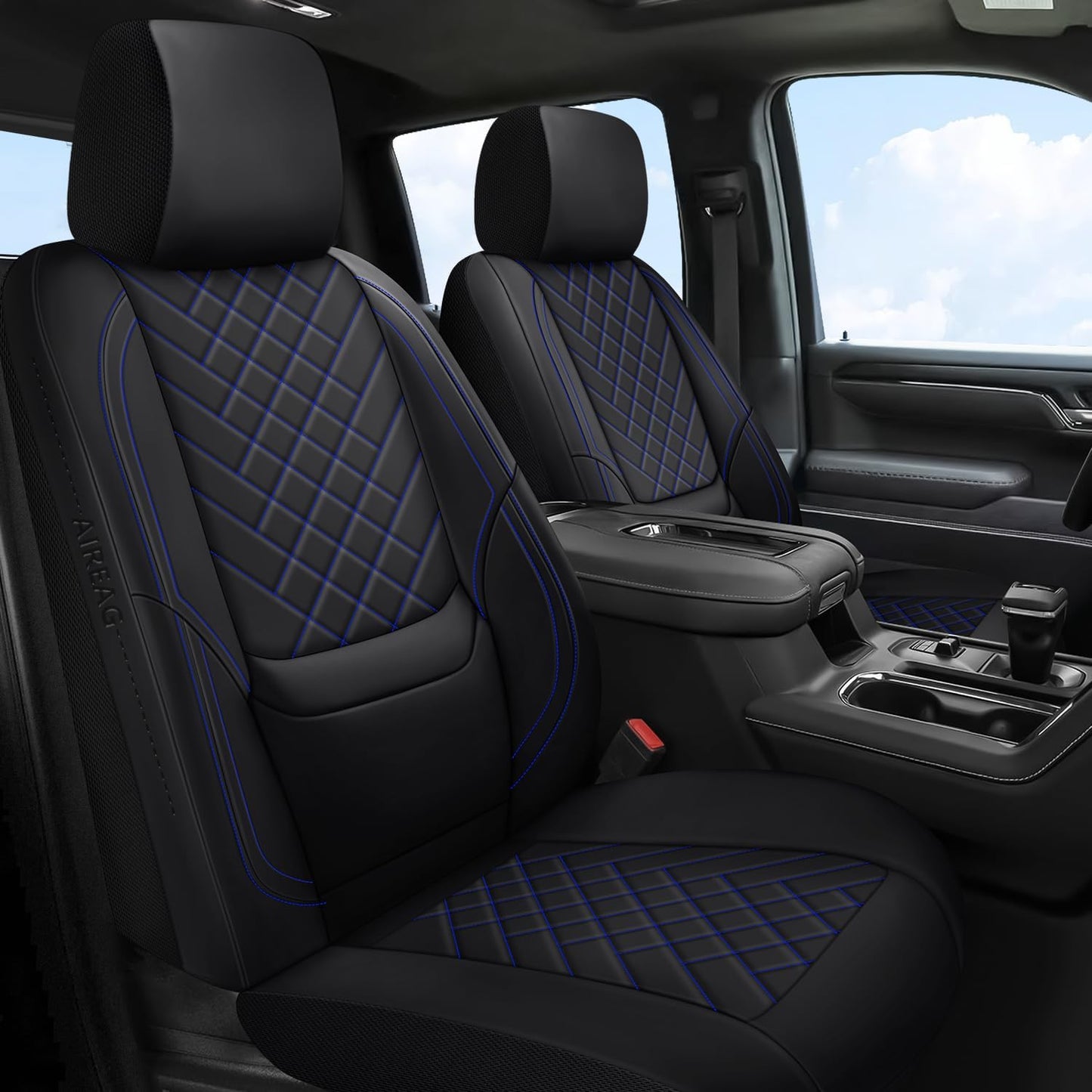 Chevy Chevrolet Silverado GMC Sierra Car Seat Covers Fit 2007-2023 2024 2025 1500/2500HD/3500HD (Black & Blue, Full Set)