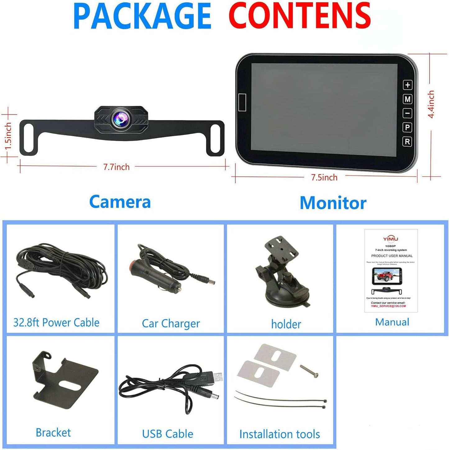 YIMU Car Backup Camera for Truck 7″ monitor AHD 2K Front Rear View Camera for car,USB Powered Plug-Play, Night Vision No-Delay DIY Grid Lines Touch Screen AHD702