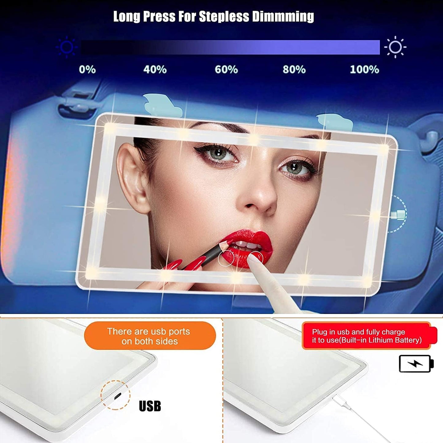 Car Sun Visor Vanity Mirror, Makeup Mirror with 3 Light Modes & 60 LEDs Rechargeable Led Light Car Mirror with Dimmable Touch Screen, Rear View Sun-Shading Travel Cosmetic (White,1 Pack）