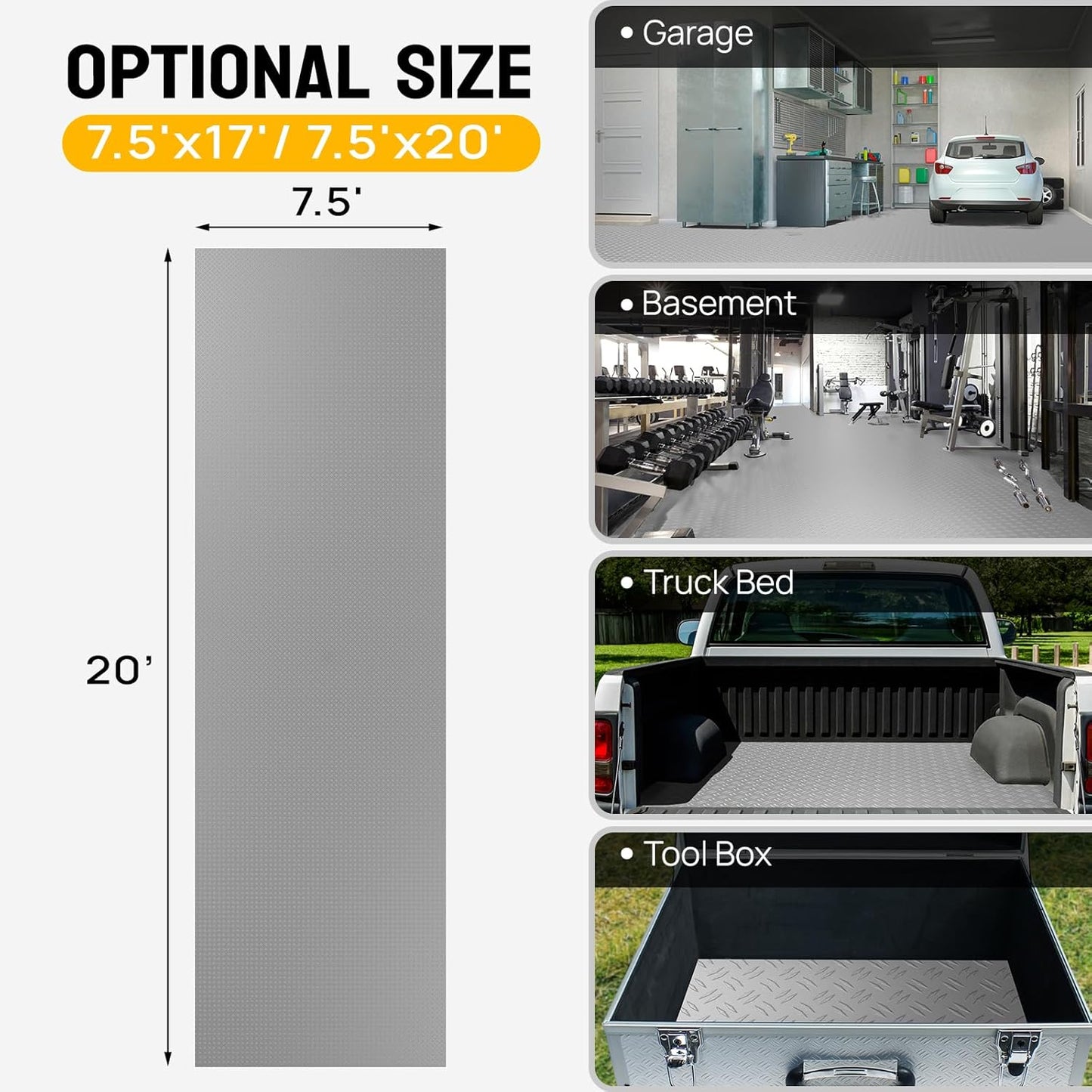 TUFFIOM 7.5 x 20 FT Garage Floor Mat, Thickened Diamond Plate PVC Garage Mats Flooring Roll for Under Car, Garage Car Parking Mats for Compact SUVs, Sports Car