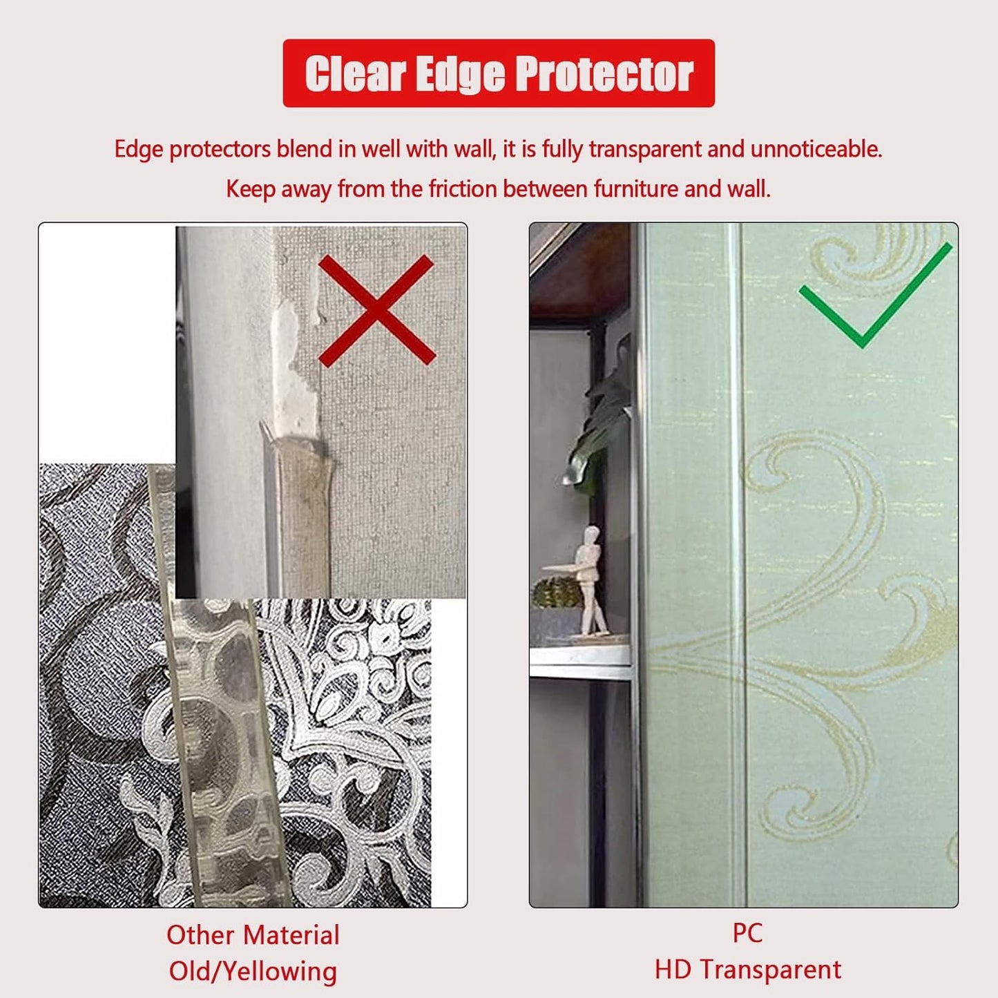 Wall Corner Protector - 4PCS, 39.4"x1.18" - Self Adhesive Clear Corner Protectors for Walls, Cabinet Doors, Edge Protector Trim; Easy to Install Corner Guards for Walls (120cm x 3cm)