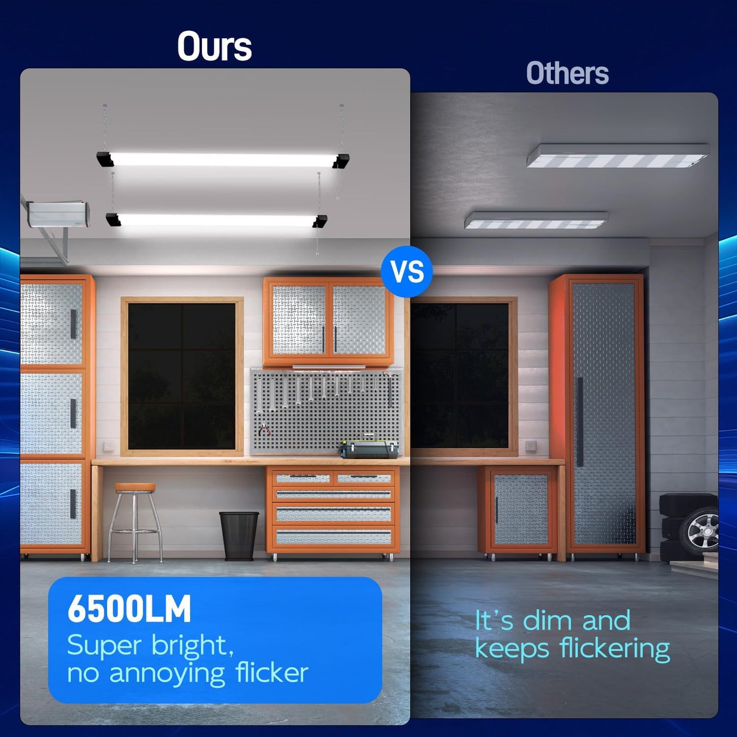 hykolity 1 Pack 4FT Linkable LED Shop Light for Garage, 6500lm, 4FT 60W Utility Light Fixture, 5000K Daylight LED Workbench Light with Plug, Hanging or Surface Mount, Black - ETL