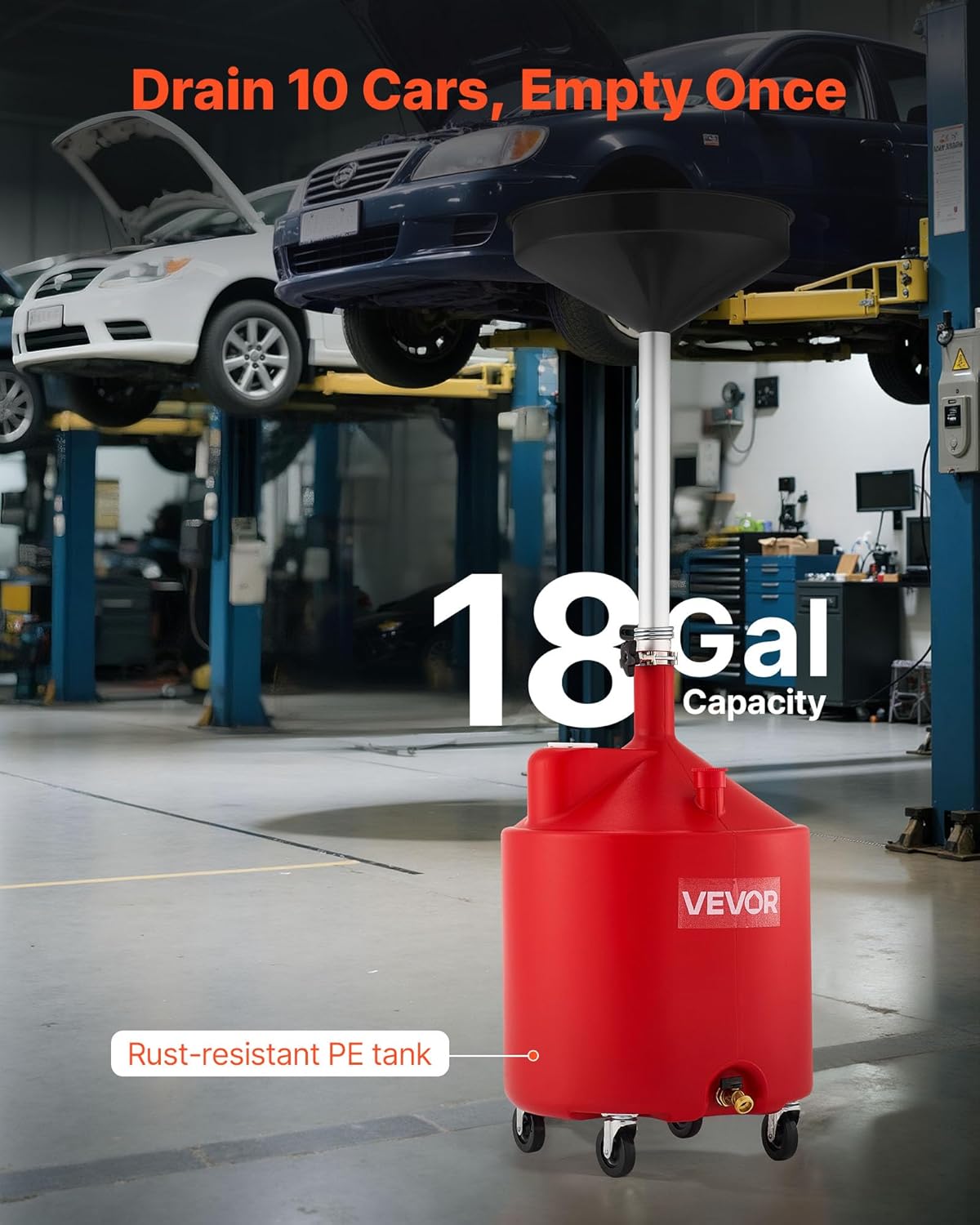 VEVOR 18 Gallon Waste Oil Drain Tank, Industrial Fluid Drain Tank with Adjustable Funnel Height, Portable Oil Drainer with Wheels, Fluid Fuel Transfer Drainage for Auto Repair Shops, Garages, Red