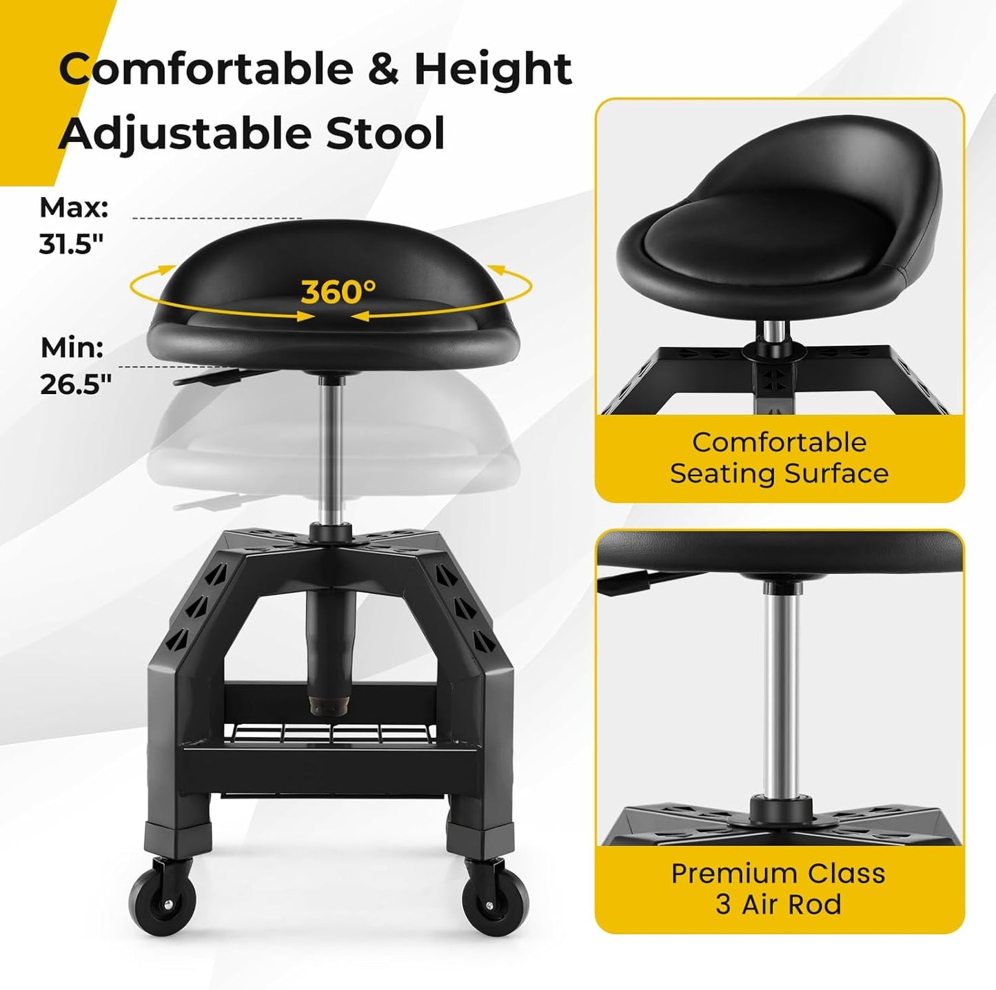 S AFSTAR Shop Stool with Wheels, Height Adjustable Garage Stool with 4 Universal Wheels & Tool Tray, 330 LBS Capacity, Heavy Duty Creeper Chair Seat Rolling Mechanic Stool for Garage Workshop (Black)