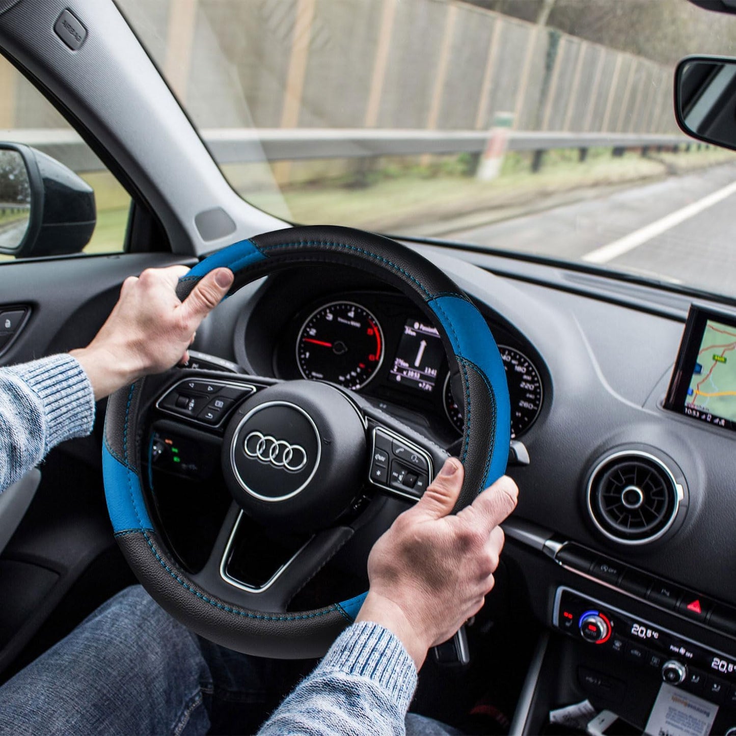 Leather Car Steering Wheel Cover, Non-Slip Car Wheel Cover Protector Breathable Microfiber Leather Universal Fit for Most Cars (Blue-2)