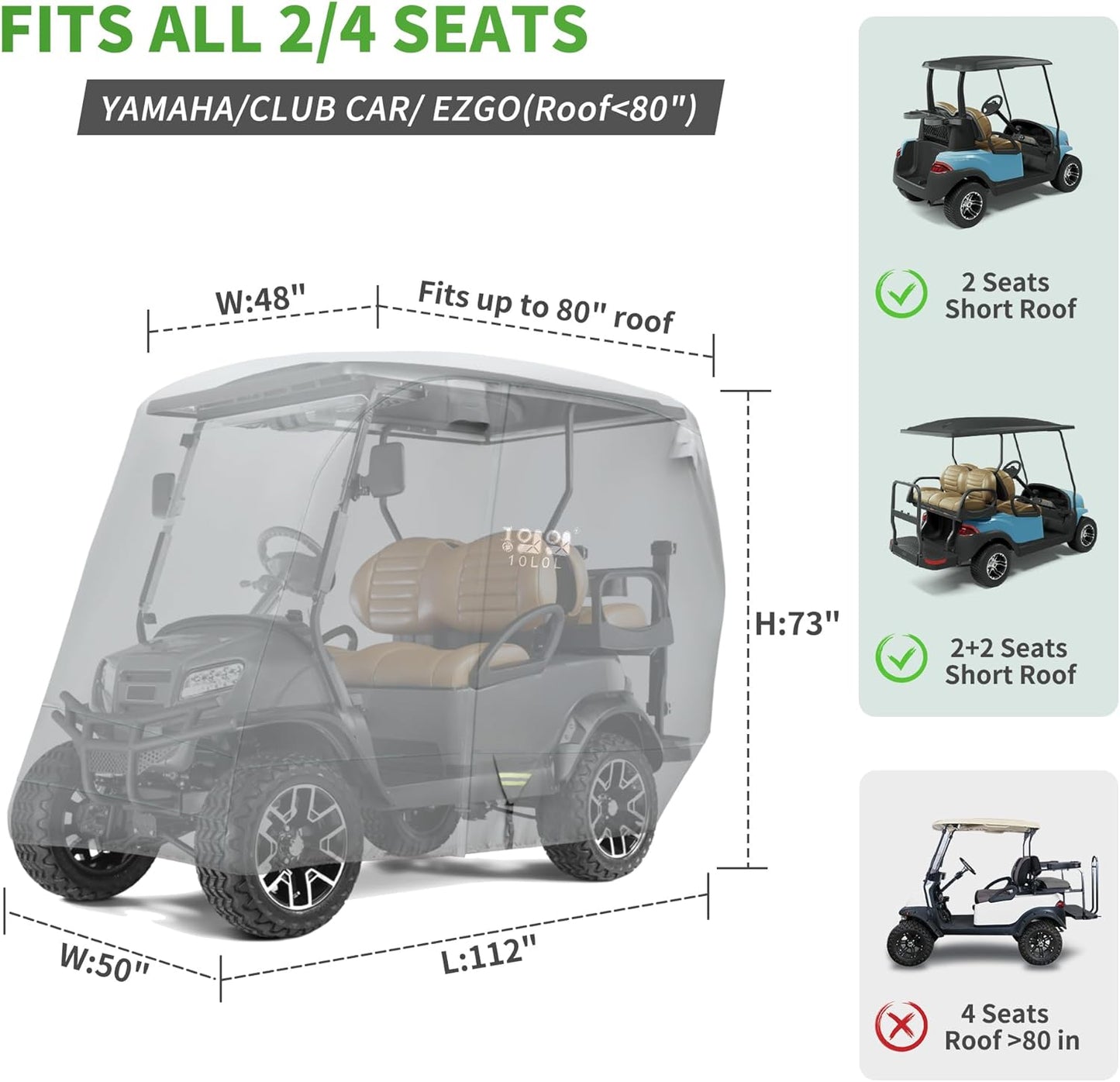 10L0L Heavy Duty Golf Cart Cover for 2/4 Passengers EZGO, Club Car and Yamaha, All Weather Outdoor Protection Weatherproof