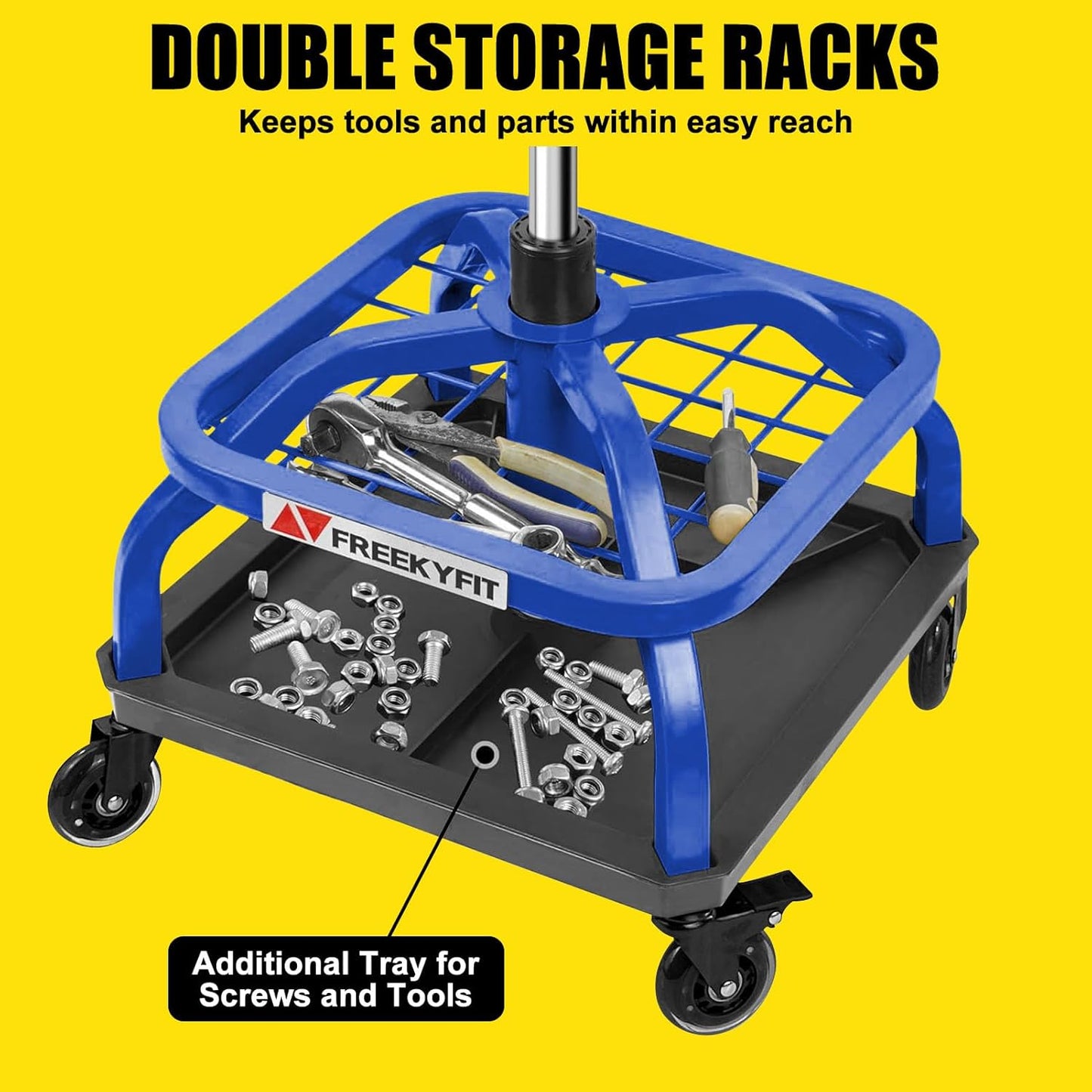 Rolling Shop Stool with Wheels, Garage Work Mechanic Stool with Backrest, Roller Mechanic Chair, Adjustable Height, 360° Swivel, Tool Tray Storage, 330 LBS Capacity, Heavy Duty, Blue