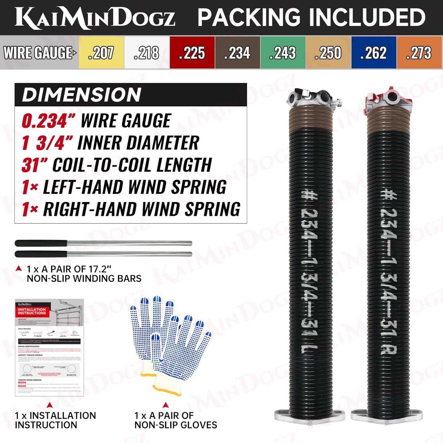 Pair of 1.75" Garage Door Torsion Springs Set with Non-Slip Winding Bars&Gloves, High Precision Electrophoresis Oil-Free Black Coated for Replacement, MIN 16,000 Cycles (0.234 x 1.75"x 31")