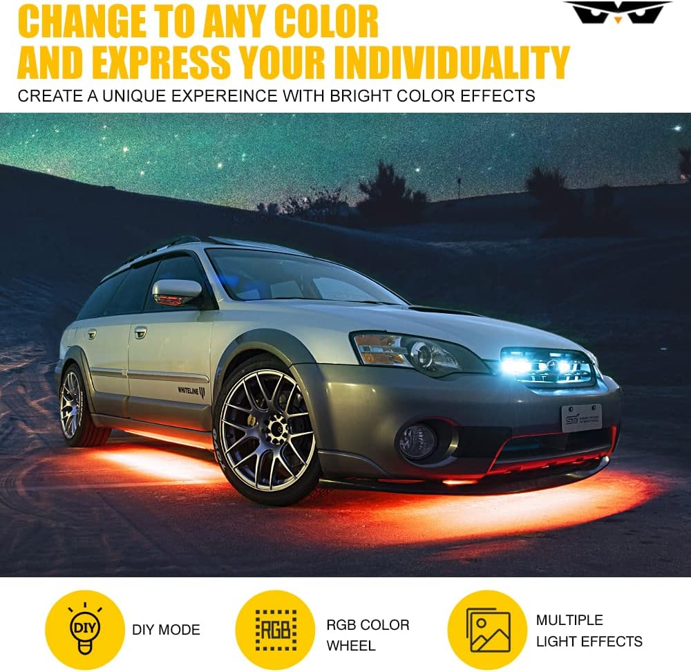 LUMENIX Double Row RGB LED Car Underglow Lights Kit, 4PCS Exterior Neon Accent Bluetooth Under Glow Light Strip for Cars SUVs Trucks Van, w/Dynamic Music & DIY Mode Underbody Chase Lights