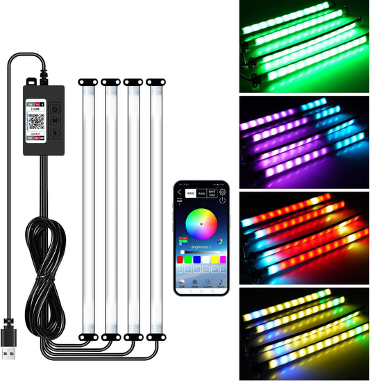 Car Led Interior Foot Well Light Strip Under Dash Bendable PVC Housing RGB 48LEDs Customizable 210 Modes Static Chase Gradient Strobe, Timer App Switch Control, USB 5V, No Remote