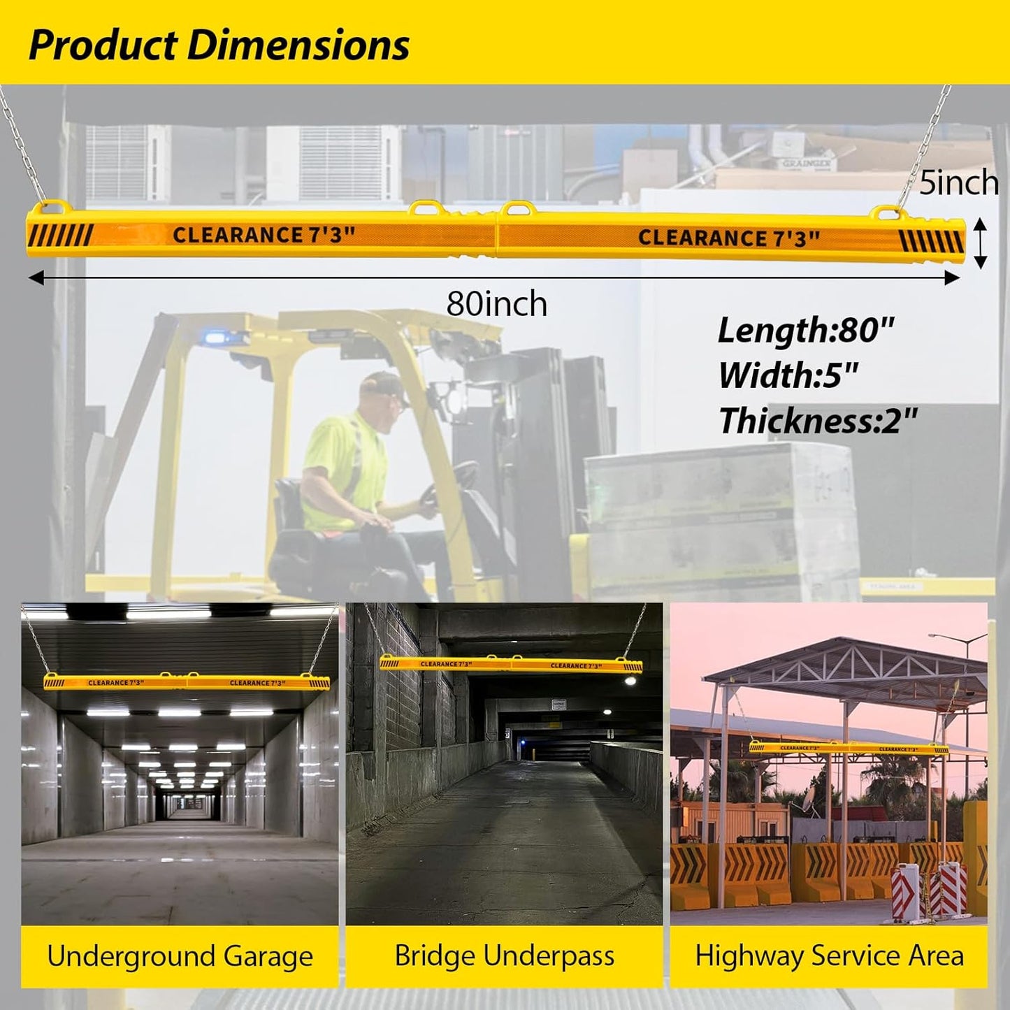 ClearanceGard 80″ x 4″ Clearance Bar Kit with 2m Height Lettering – Yellow & White Reflective Tape – Plastic Material – Ideal for Underground Garages, Tunnels, Underpasses, and Drive-Thru Canopie