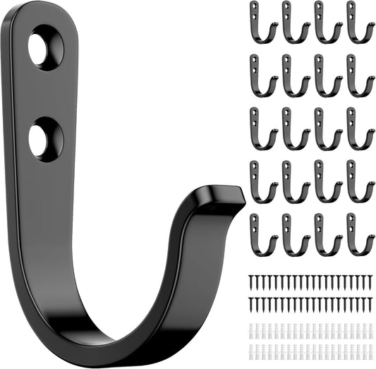20Pcs Wall Hooks for Bathroom, Kitchen, Closet, and Garage - Black Metal Hooks for Hanging Coats, Towels, Hats, Keys, Bags, and Coffee Cups - Holds Up to 40 lbs