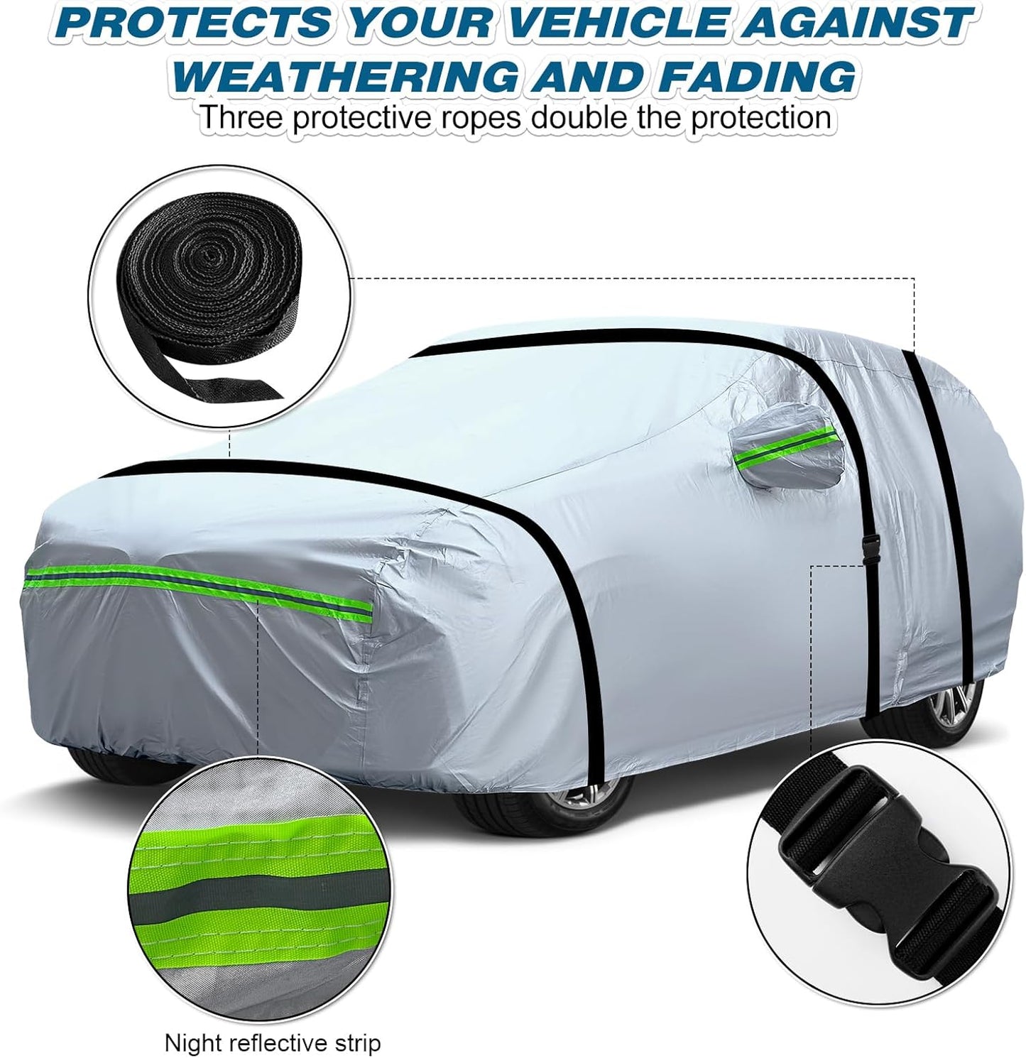 TUCAREST 6-Layers Premium Full Car Cover Hard Shell Zipper Design Waterproof All Weather Weatherproof UV Sun Protection Snow Dust Storm Resistant Outdoor with Straps (Fit for SUV/MPV 201"- 211")