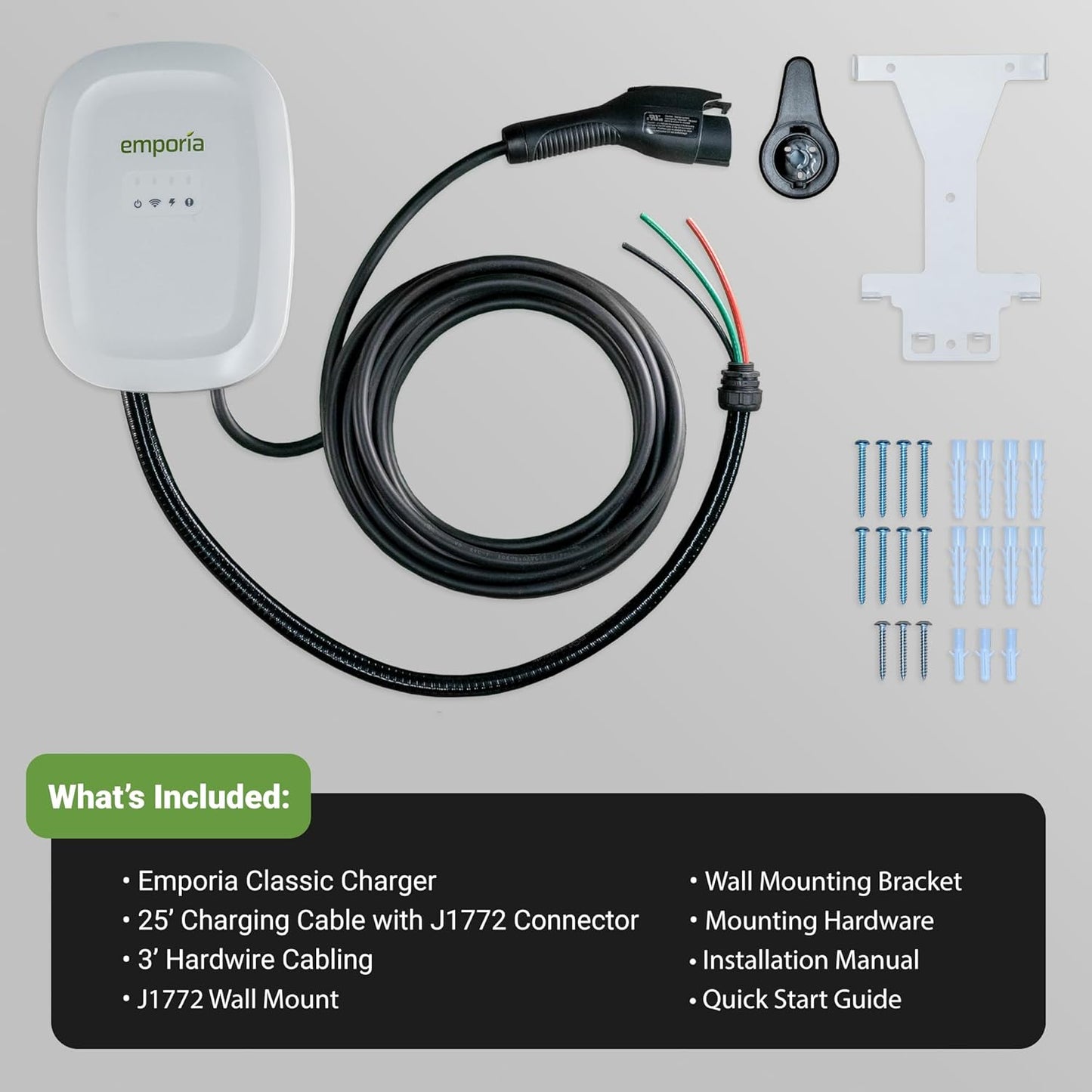 EMPORIA Level 2 EV Charger w/ J1772 Charger, 48 amp, Preconfigured for Hardwired Install with Whip, UL/Energy Star WiFi Enabled EVSE Level 2, 25ft Cable (Black)