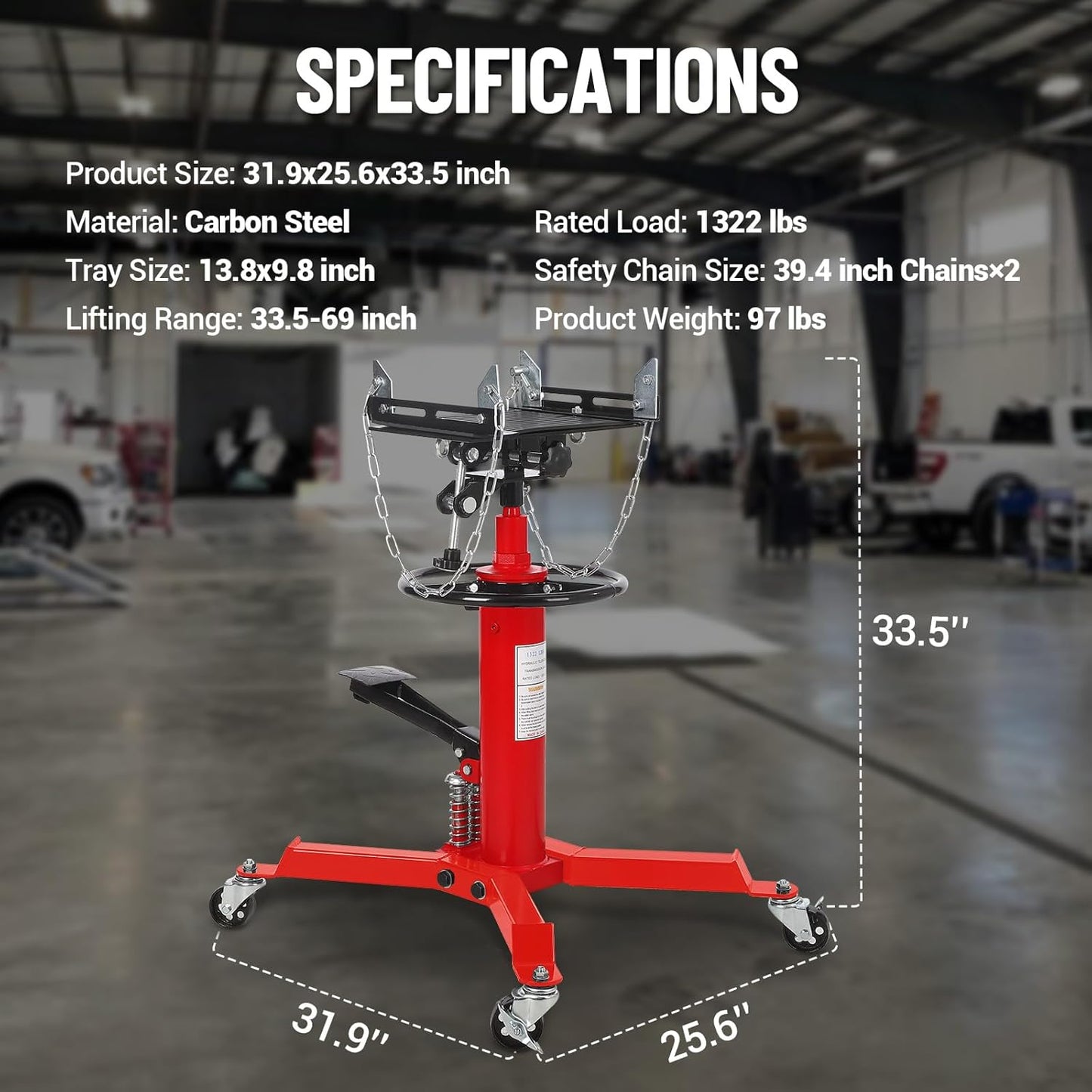 Transmission Jack with 2 Stage Hydraulic Ram, 1322 LBS Hydraulic Telescoping Transmission Jack with Foot Pedal & 360° Swivel Wheels, Heavy-Duty Garage/Workshop Jacks for Car/Truck Repairs, Red