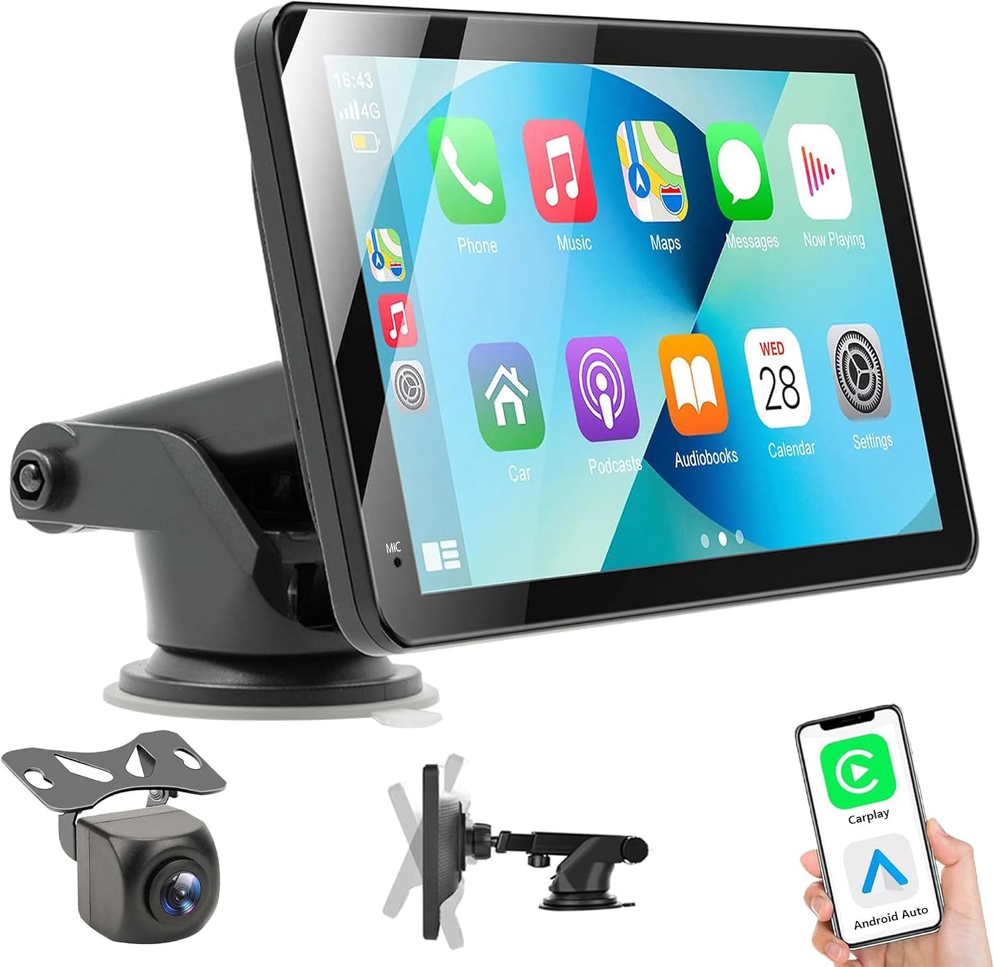 Portable Carplay Screen for Car, 7" HD Touchscreen Car Stereo with Wireless Android Auto, Car Audio Receivers with Backup Camera/GPS Navigation/Mirror Link/Voice Control/Bluetooth