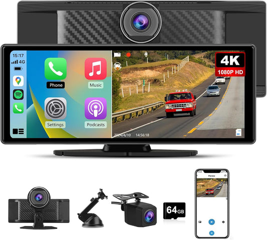 10.26" Portable Apple Carplay Screen for Car, Carplay & Android Auto Car Stereo, Touchscreen GPS Navigation 4K Dash Cam/1080P Backup Camera/Mirror Link/Bluetooth/Voice Control