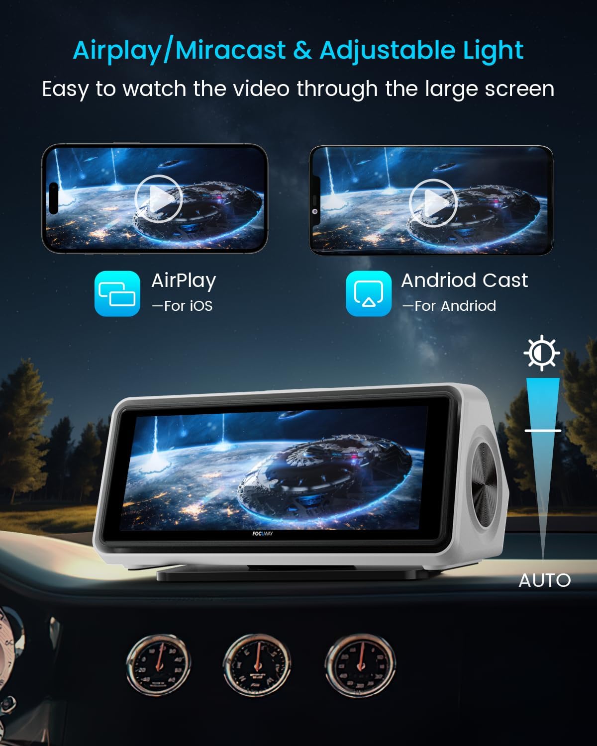 Portable Apple Carplay Screen for Car, Touch Screen with Wireless Android Auto, Car Audio Receivers with Voice Control, Mirror Link, Music Play, GPS Navigation, Built-in Customized Speakers (White)