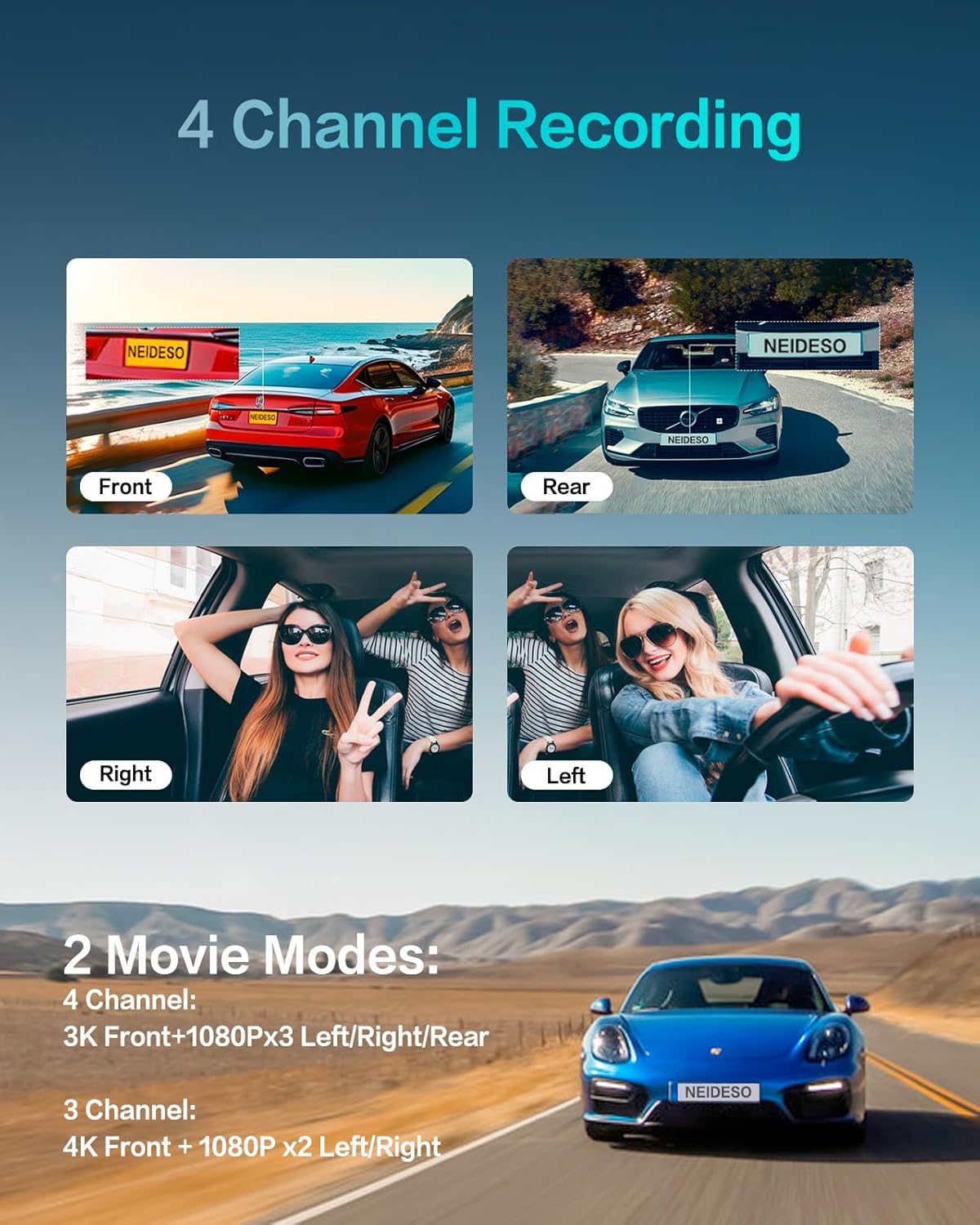 AI Dash Cam Front Rear Inside, 4 Channel 3k+1080P*3 Dashcam with Smart Driving Monitor System, 360° View Car Cameras 5GHz Wi-Fi GPS, Camera for Car Night Vision 128GB SD Card, 24H Parking Mode N700Pro