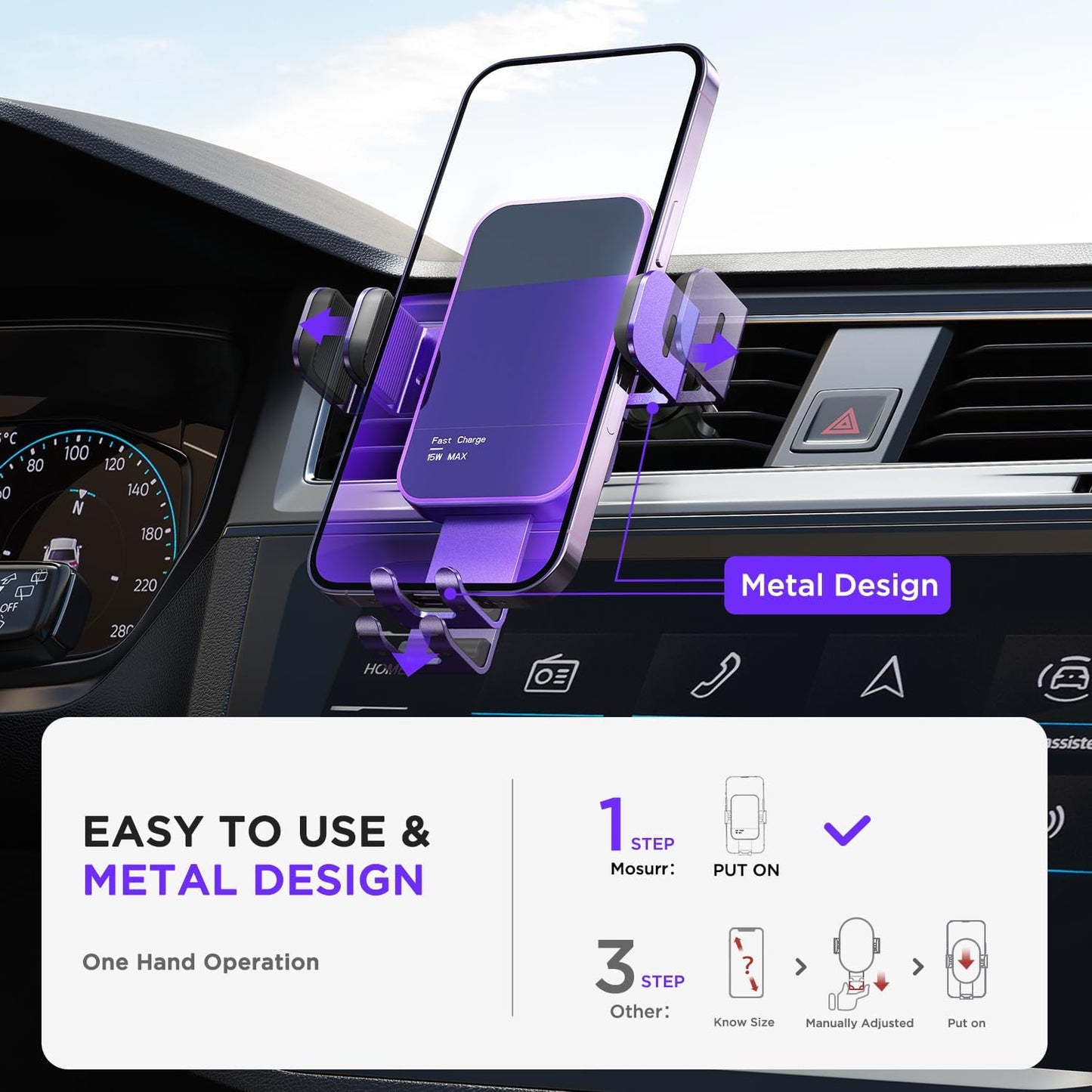 Wireless Car Charger,【7 Colored RGB Backlit】15W Auto Clamping Car Charger Phone Mount Holder for iPhone 16 15 14 13 12 Mini Pro Max 11, Samsung Galaxy S24 Ultra S23 S22 S21+ S10+ Note 20, etc - Purple